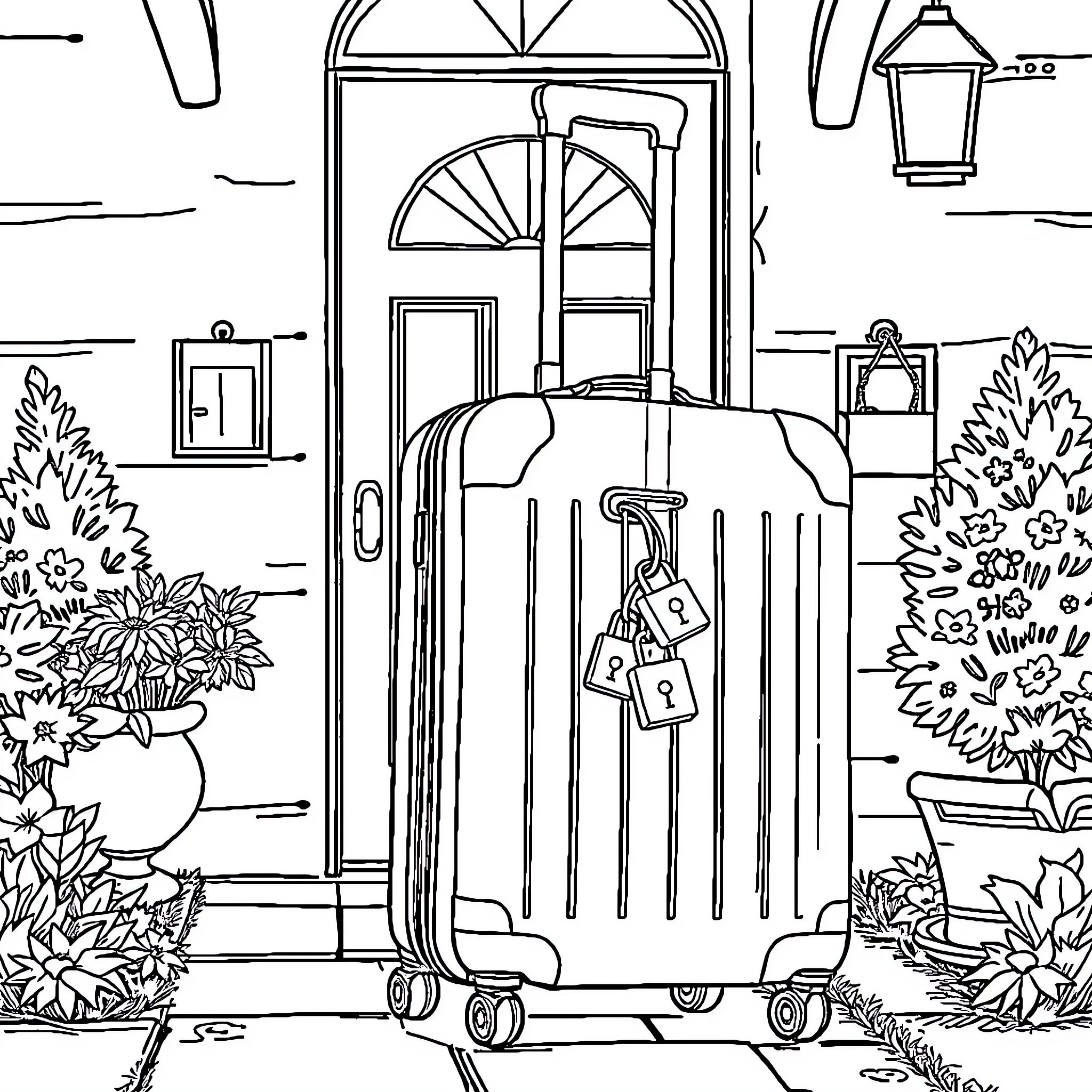Valise of Adventurous Traveler at Cozy Doorstep Coloring Page (free black-and-white line drawing printable PDF for all, from beginners to advanced learners, including children, teens, adults, and seniors)