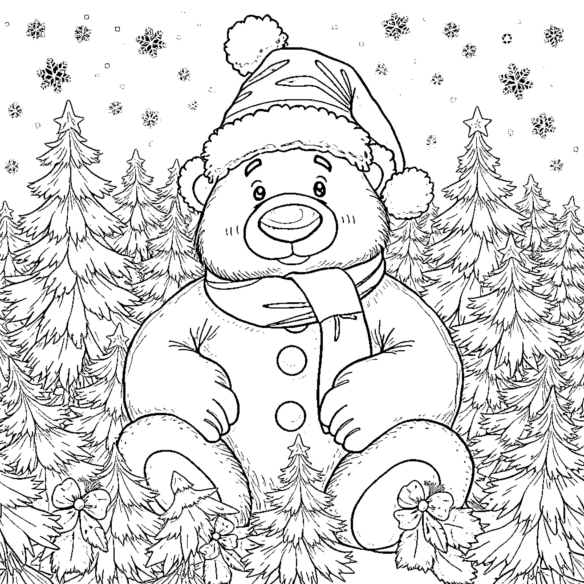 Teddy Bear Enjoying the Wintry Wonderland Coloring Page (free black-and-white line drawing printable PDF for all, from beginners to advanced learners, including children, teens, adults, and seniors)