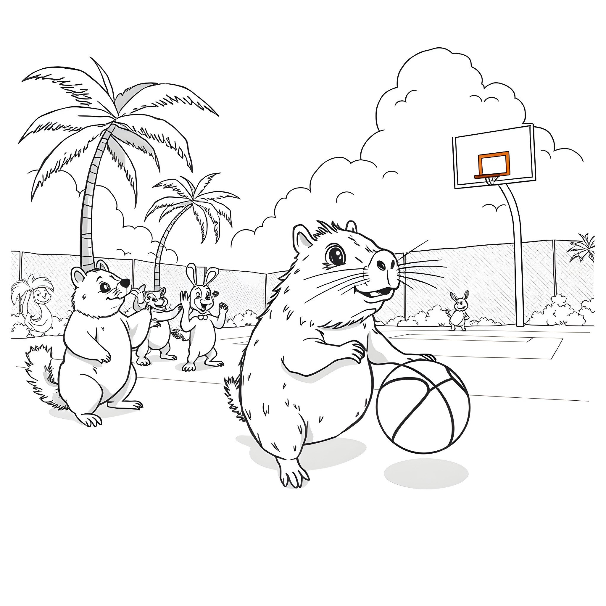 Capybara playing basketball with animal friends in tropical setting Coloring Page (free black-and-white line drawing printable PDF for all, from beginners to advanced learners, including children, teens, adults, and seniors)