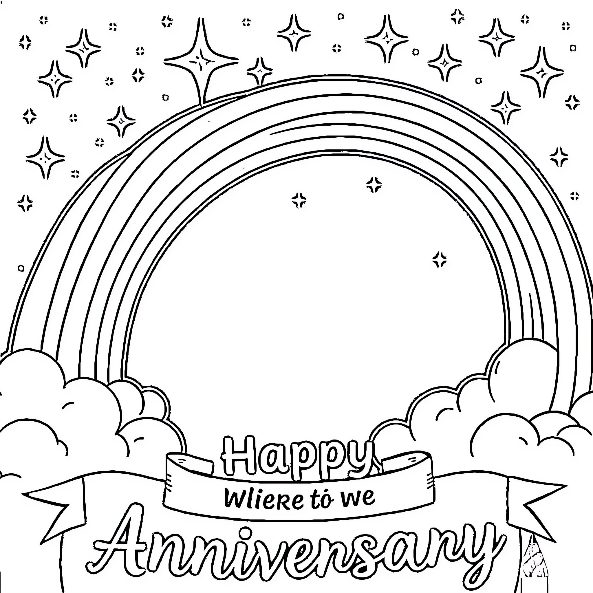Rainbow Celebration for Anniversary Coloring Page (free black-and-white line drawing printable PDF for all, from beginners to advanced learners, including children, teens, adults, and seniors)
