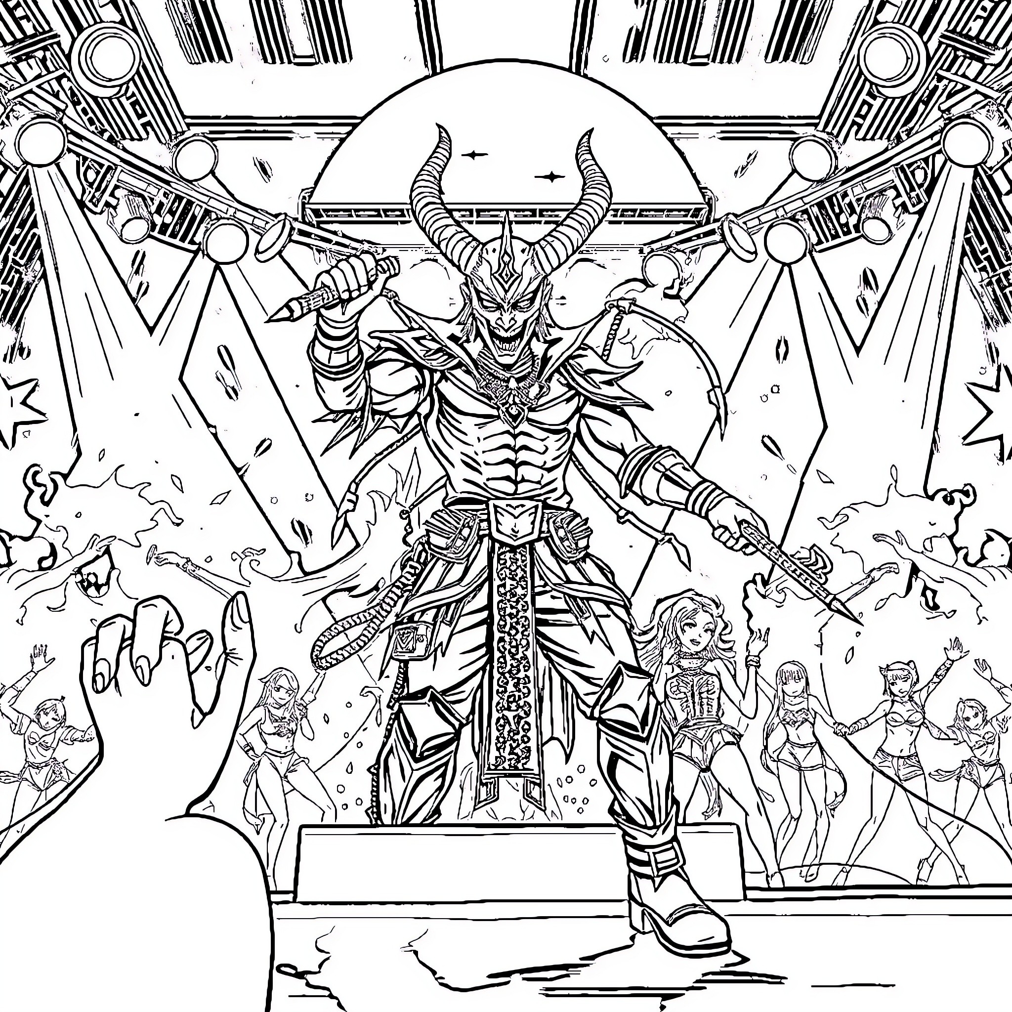 Demon Hunter's Heroic Stance Amidst the Battle Coloring Page (free black-and-white line drawing printable PDF for all, from beginners to advanced learners, including children, teens, adults, and seniors)