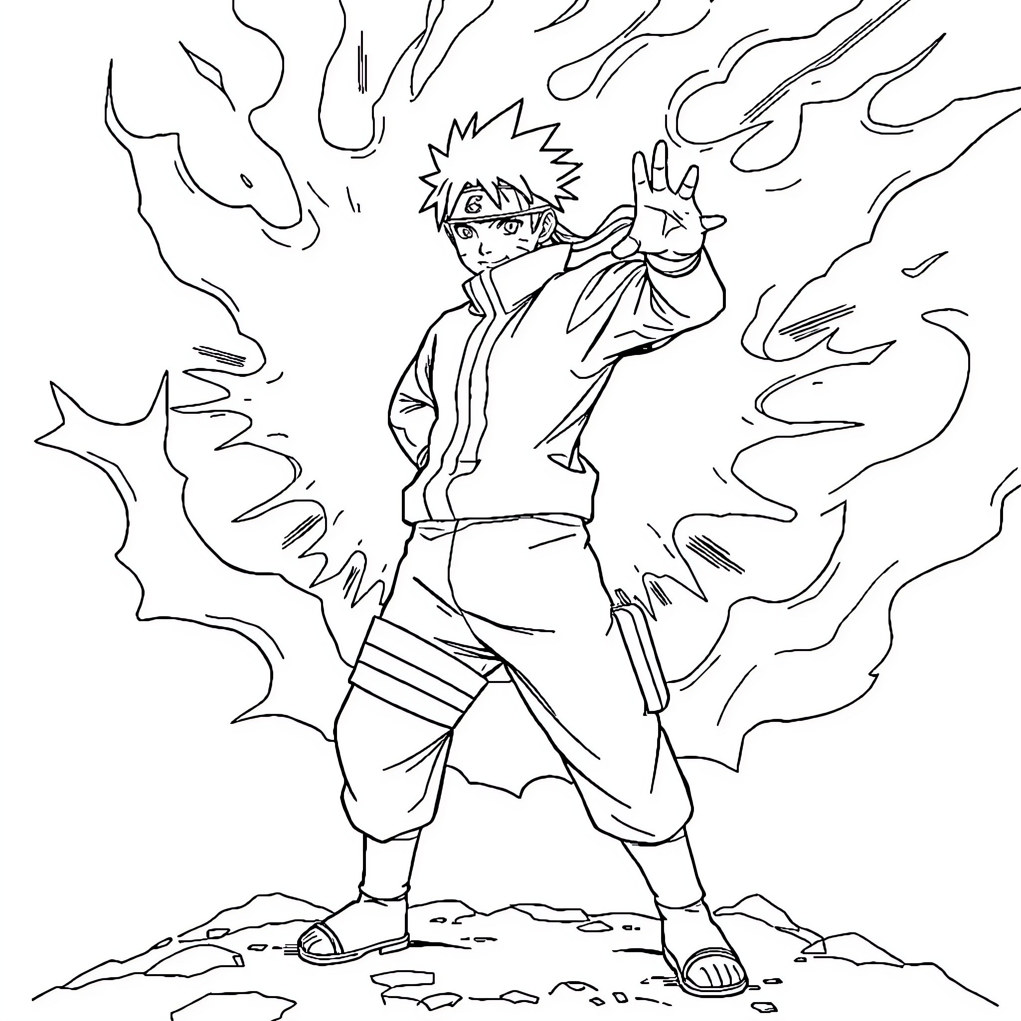 Naruto using powerful ninjutsu technique Coloring Page (free black-and-white line drawing printable PDF for all, from beginners to advanced learners, including children, teens, adults, and seniors)