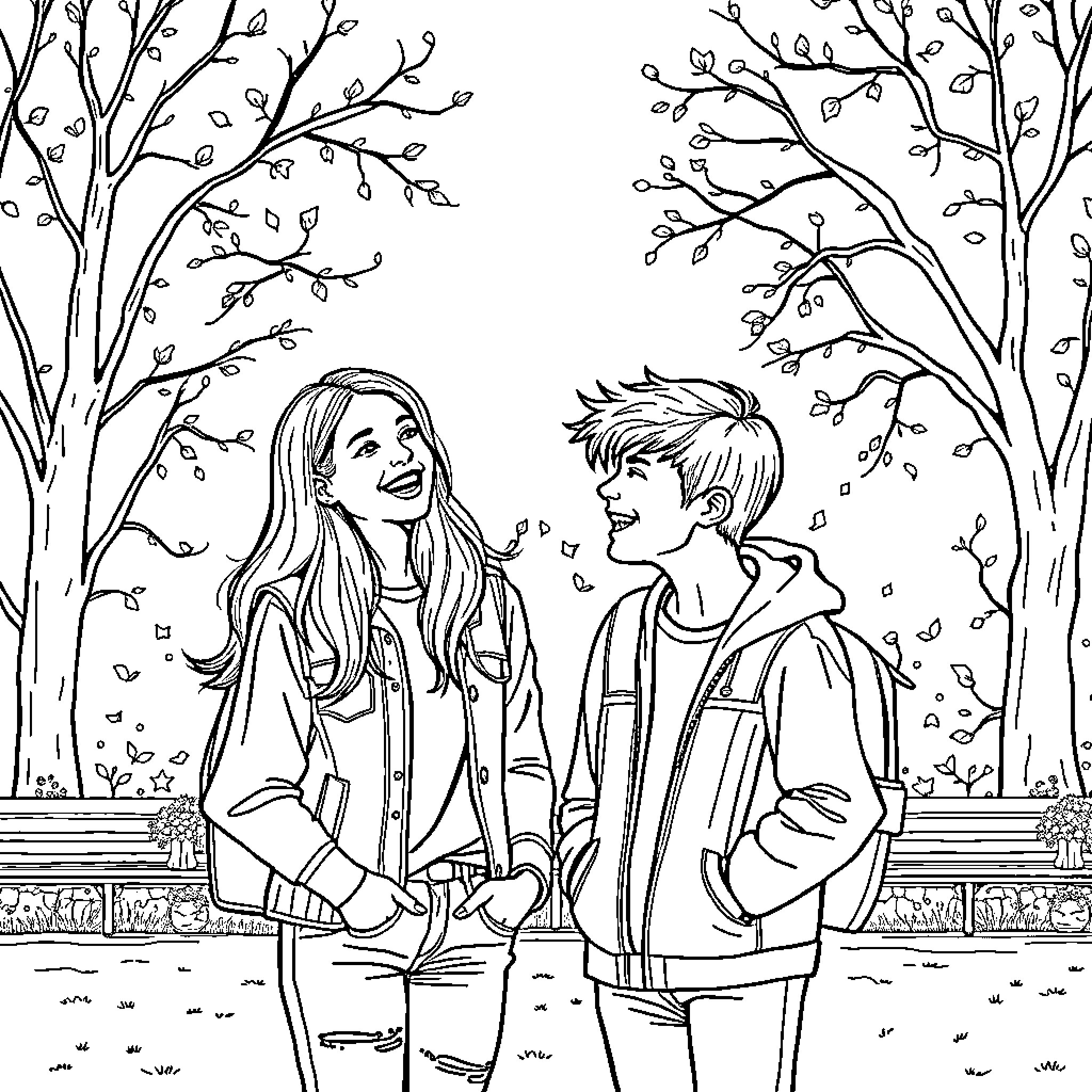 Teenager couple enjoying the autumn scenery Coloring Page (free black-and-white line drawing printable PDF for all, from beginners to advanced learners, including children, teens, adults, and seniors)