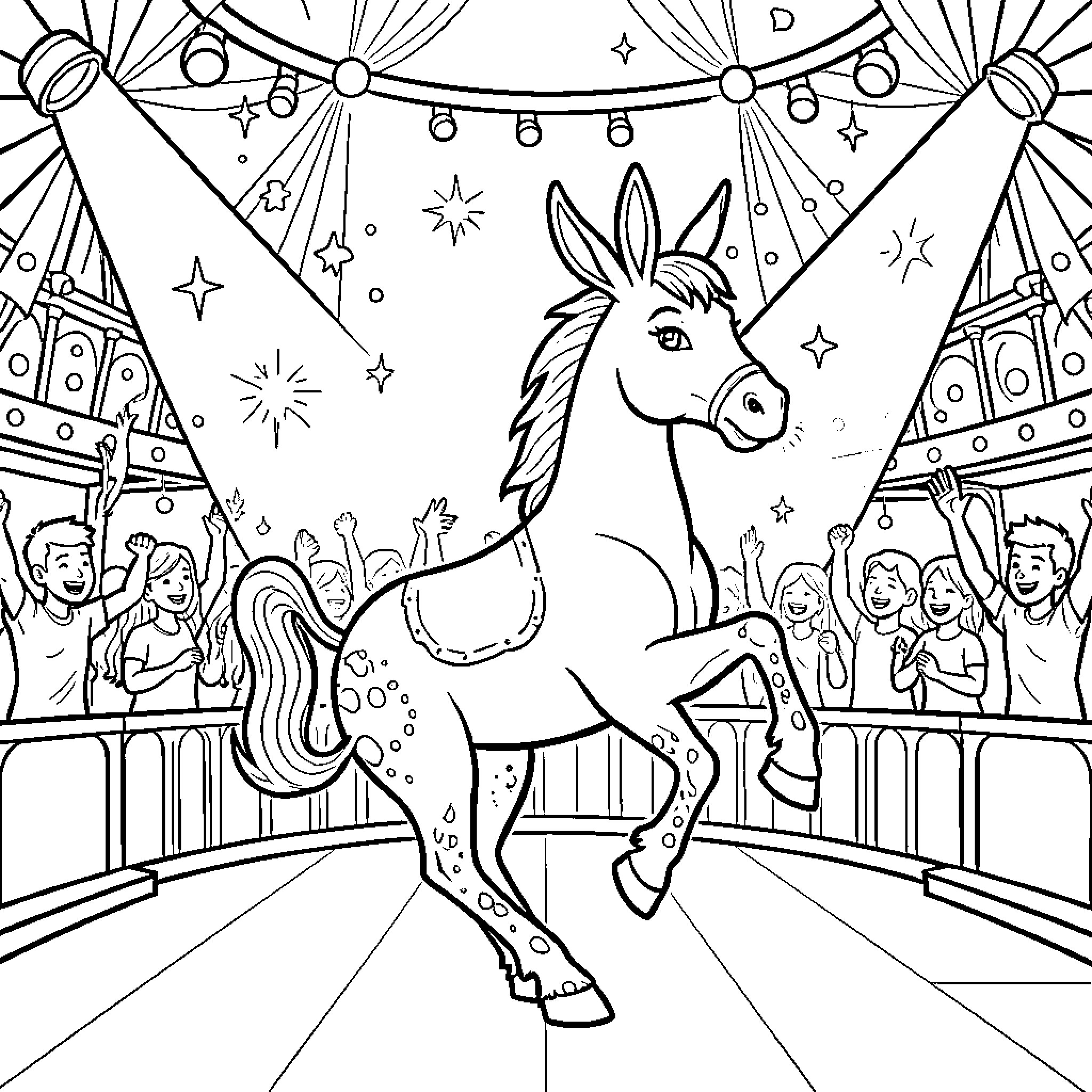 Caballo performing at the carnival with people Coloring Page (free black-and-white line drawing printable PDF for all, from beginners to advanced learners, including children, teens, adults, and seniors)