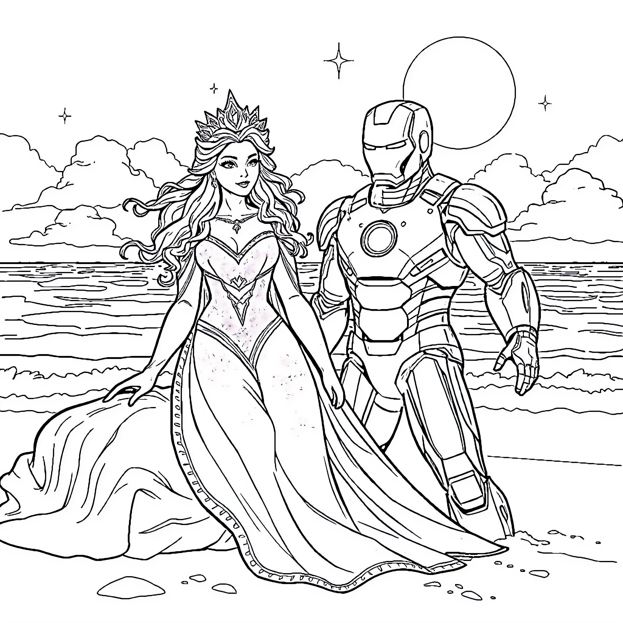Queen and Iron Warrior Admiring Starry Night Coloring Page (free black-and-white line drawing printable PDF for all, from beginners to advanced learners, including children, teens, adults, and seniors)