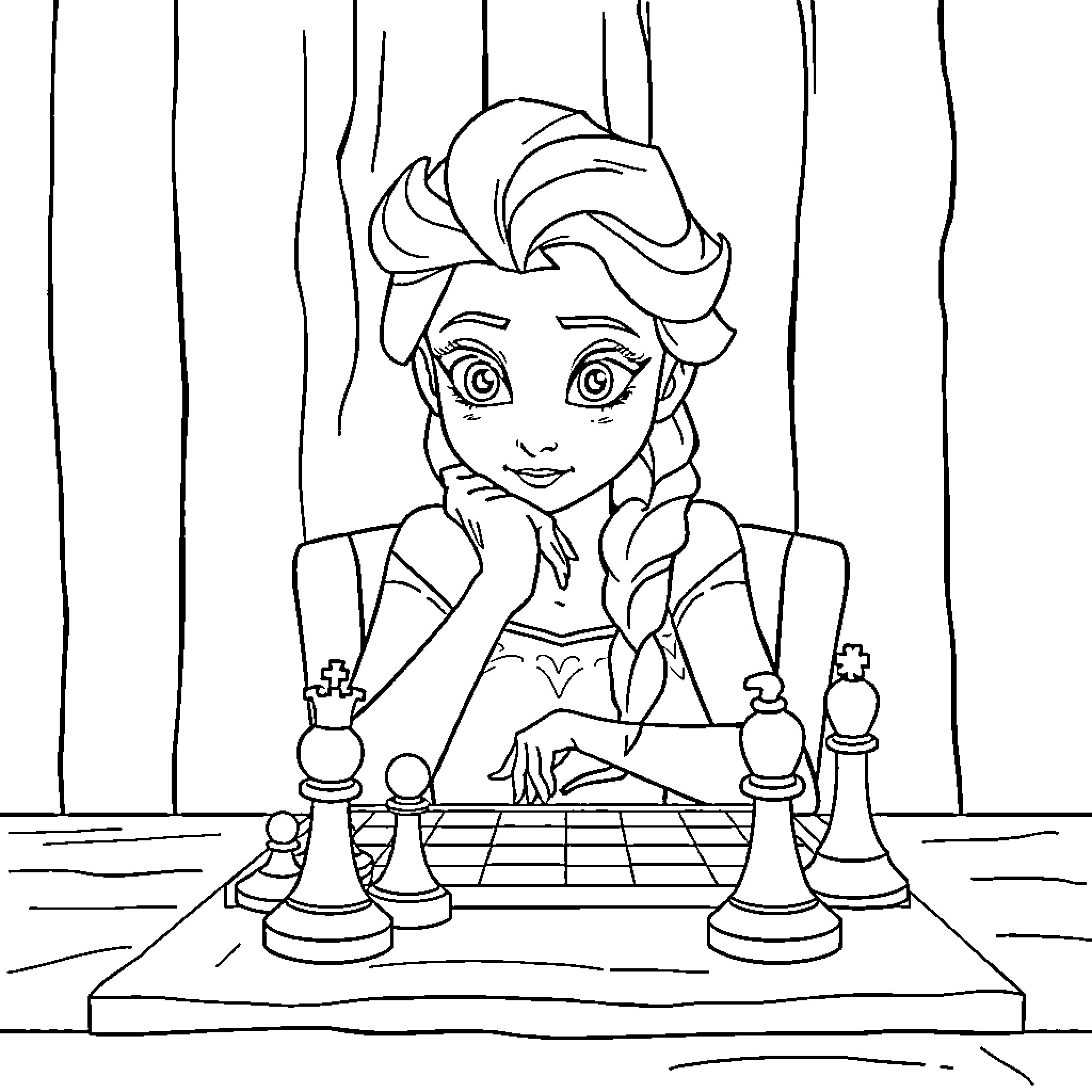 Elsa playing chess with serious expression Coloring Page (free black-and-white line drawing printable PDF for all, from beginners to advanced learners, including children, teens, adults, and seniors)