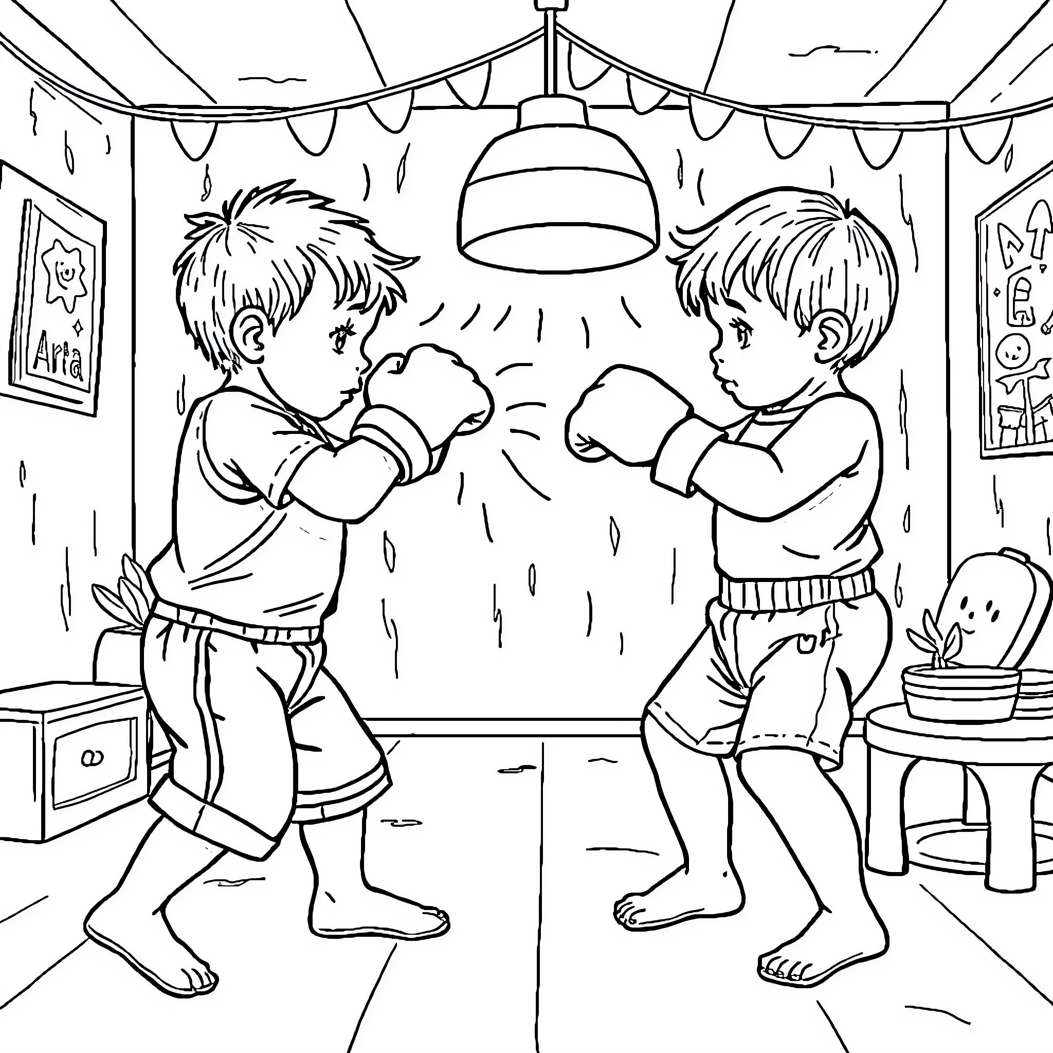 Toddlers play-fighting in a cozy indoor setting Coloring Page (free black-and-white line drawing printable PDF for all, from beginners to advanced learners, including children, teens, adults, and seniors)