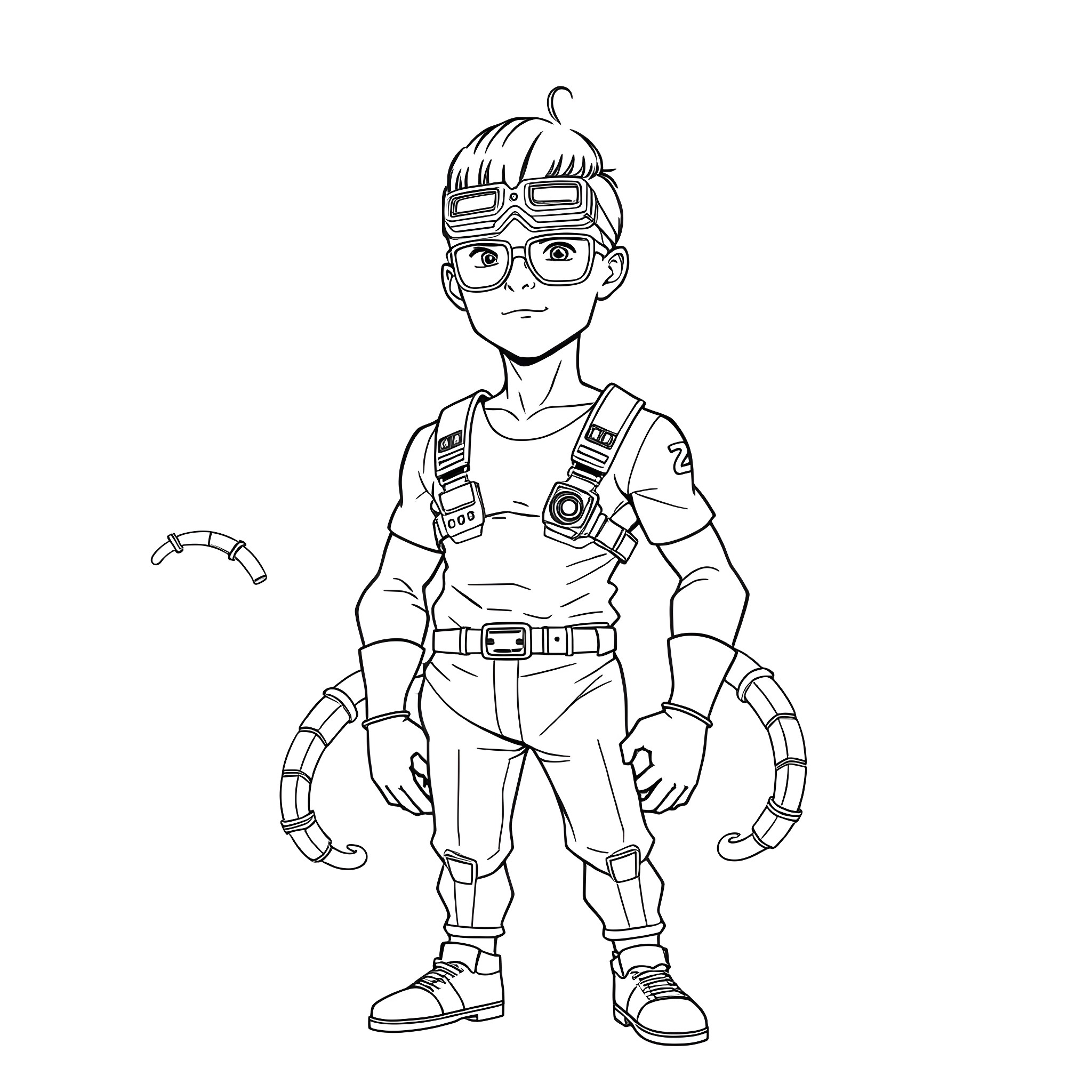 Man in futuristic gear with goggles and gadgets Coloring Page (free black-and-white line drawing printable PDF for all, from beginners to advanced learners, including children, teens, adults, and seniors)
