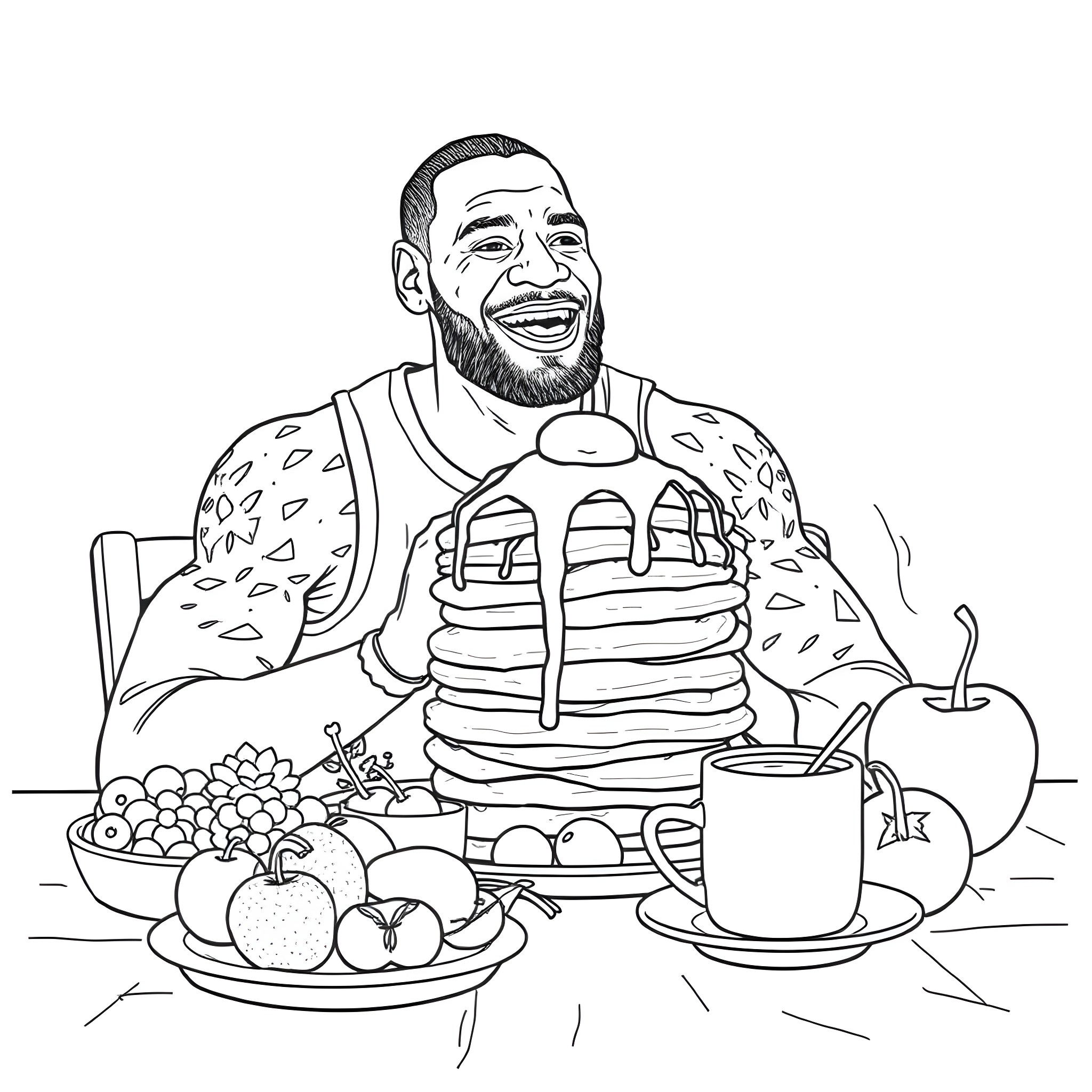 LeBron James enjoying a hearty breakfast Coloring Page (free black-and-white line drawing printable PDF for all, from beginners to advanced learners, including children, teens, adults, and seniors)