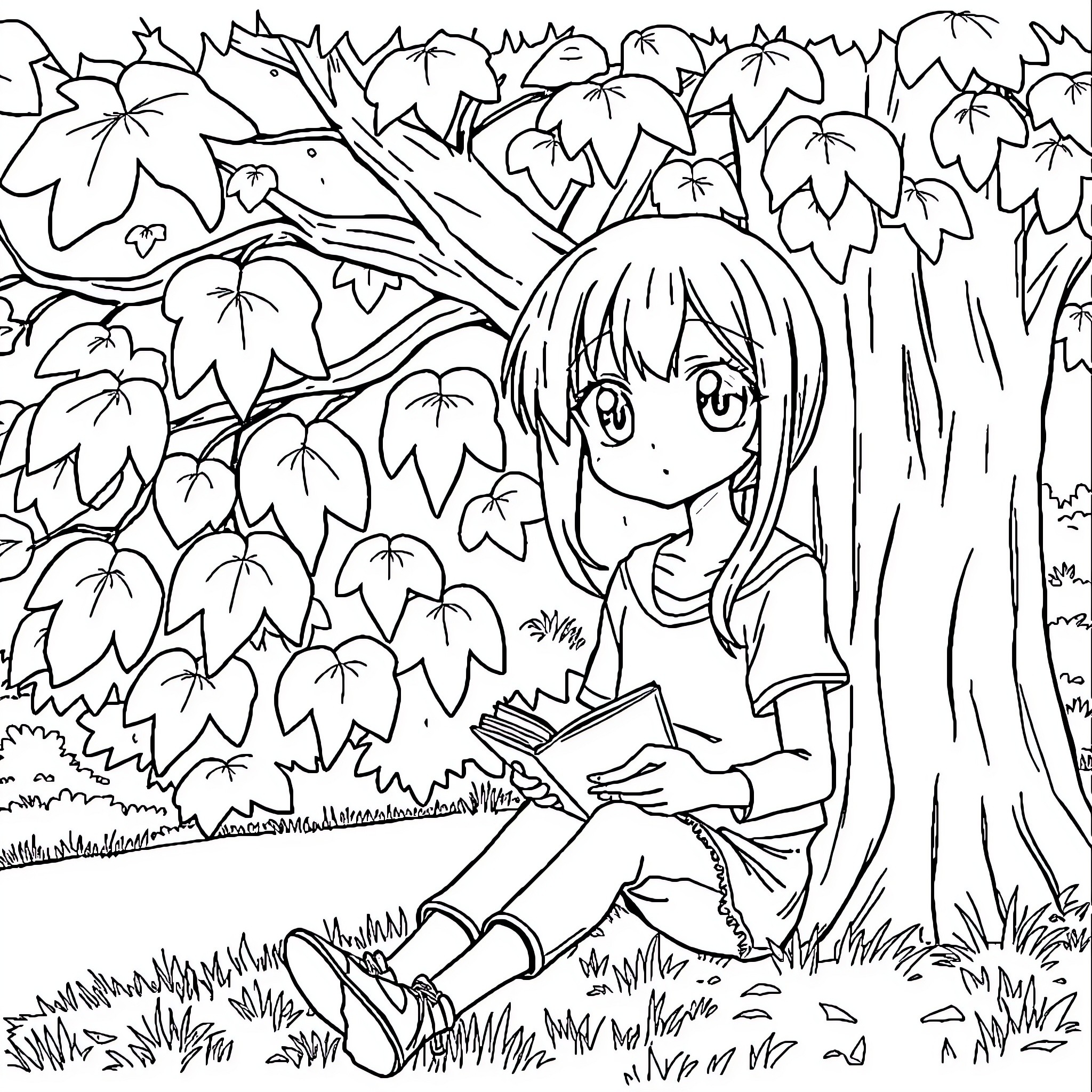 Anime Girl Reading a Book in the Forest Coloring Page (free black-and-white line drawing printable PDF for all, from beginners to advanced learners, including children, teens, adults, and seniors)