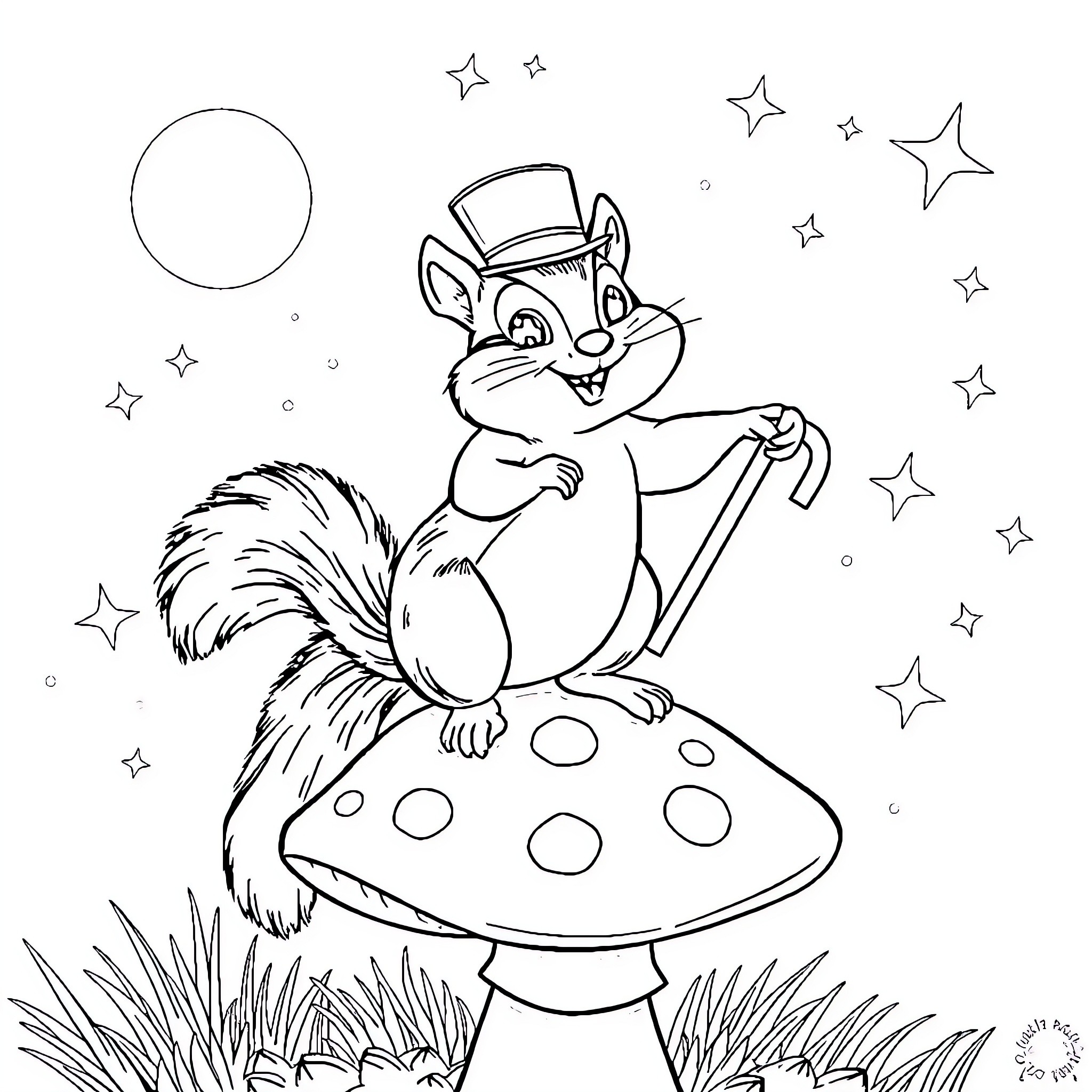 Chipmunk dancing joyfully on a mushroom under the stars Coloring Page (free black-and-white line drawing printable PDF for all, from beginners to advanced learners, including children, teens, adults, and seniors)