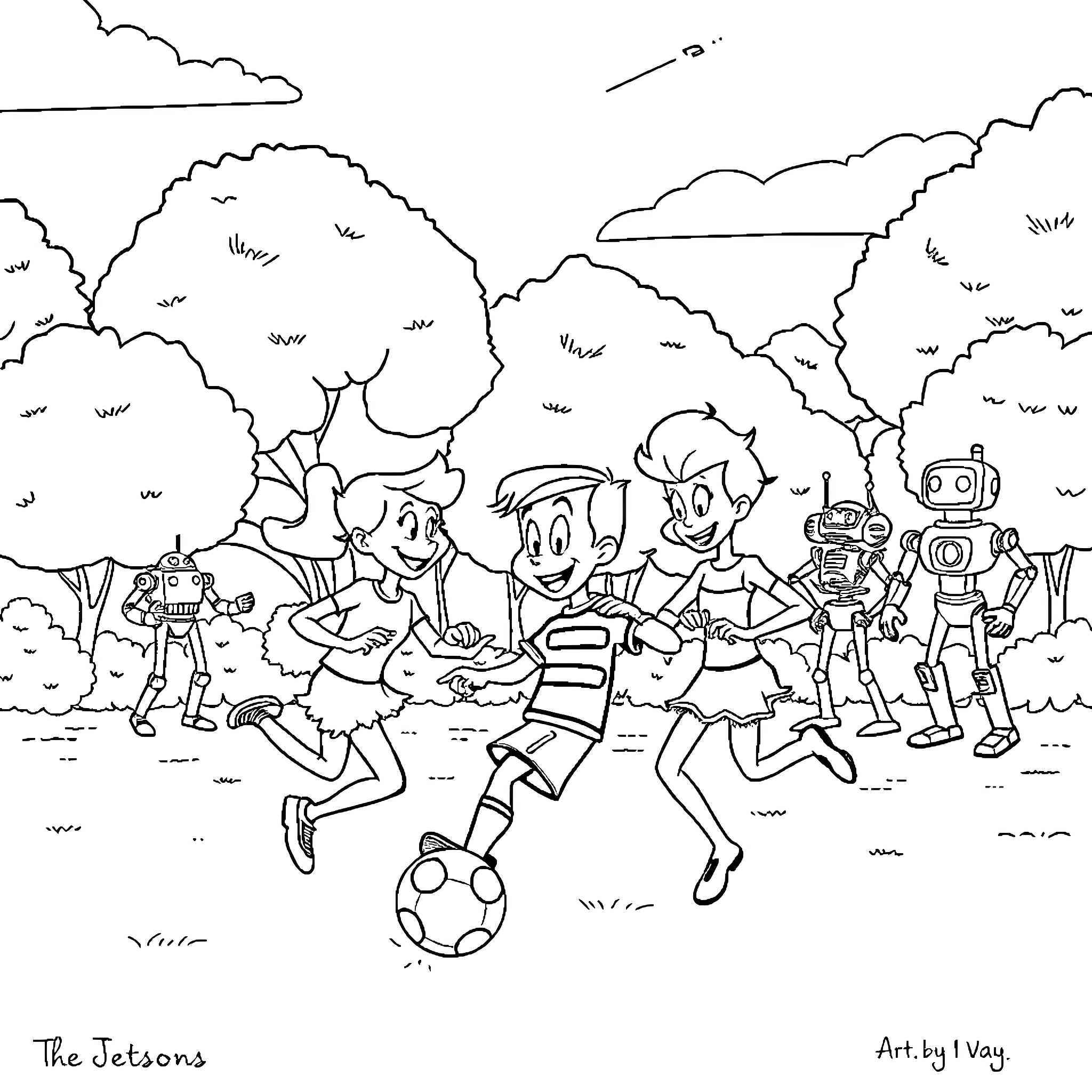 Jetson Kids Enjoying Outdoor Activities Coloring Page (free black-and-white line drawing printable PDF for all, from beginners to advanced learners, including children, teens, adults, and seniors)