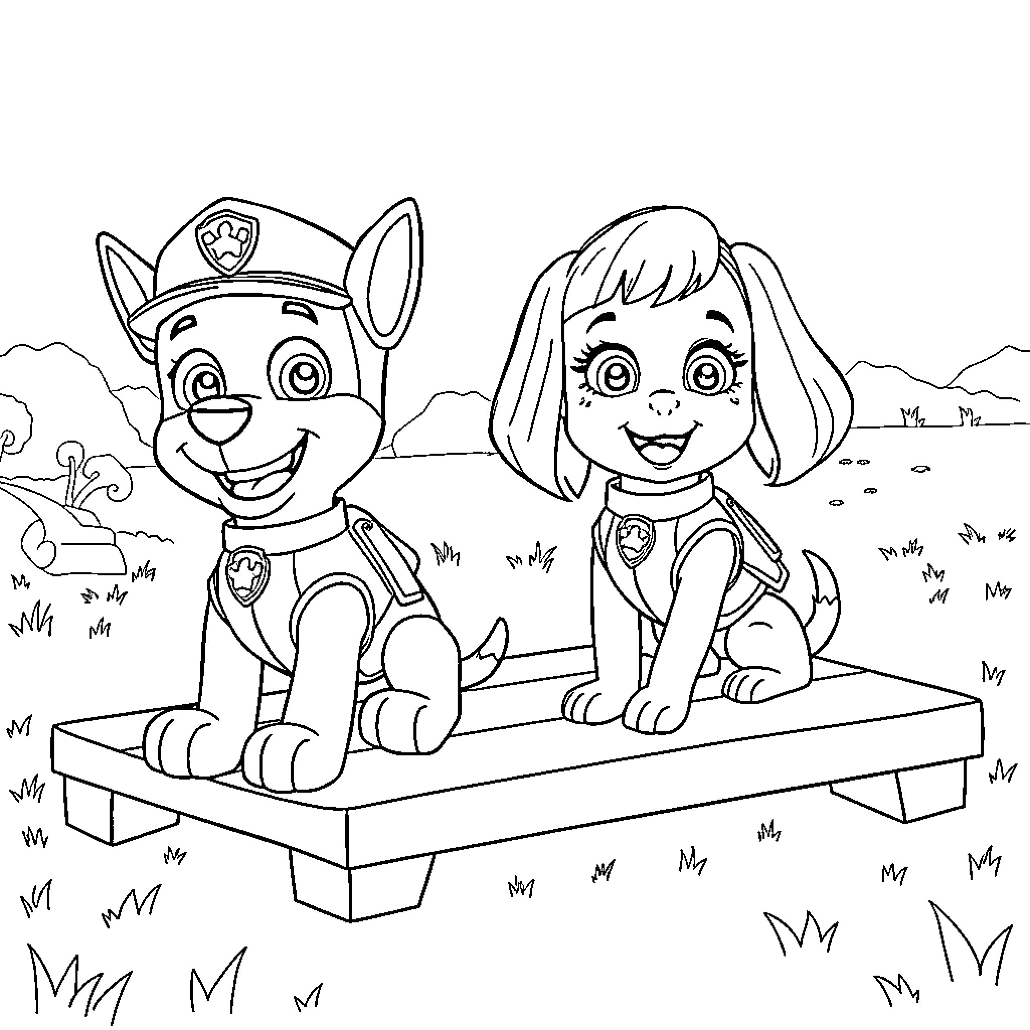 Paw Patrol characters in an outdoor scene Coloring Page (free black-and-white line drawing printable PDF for all, from beginners to advanced learners, including children, teens, adults, and seniors)