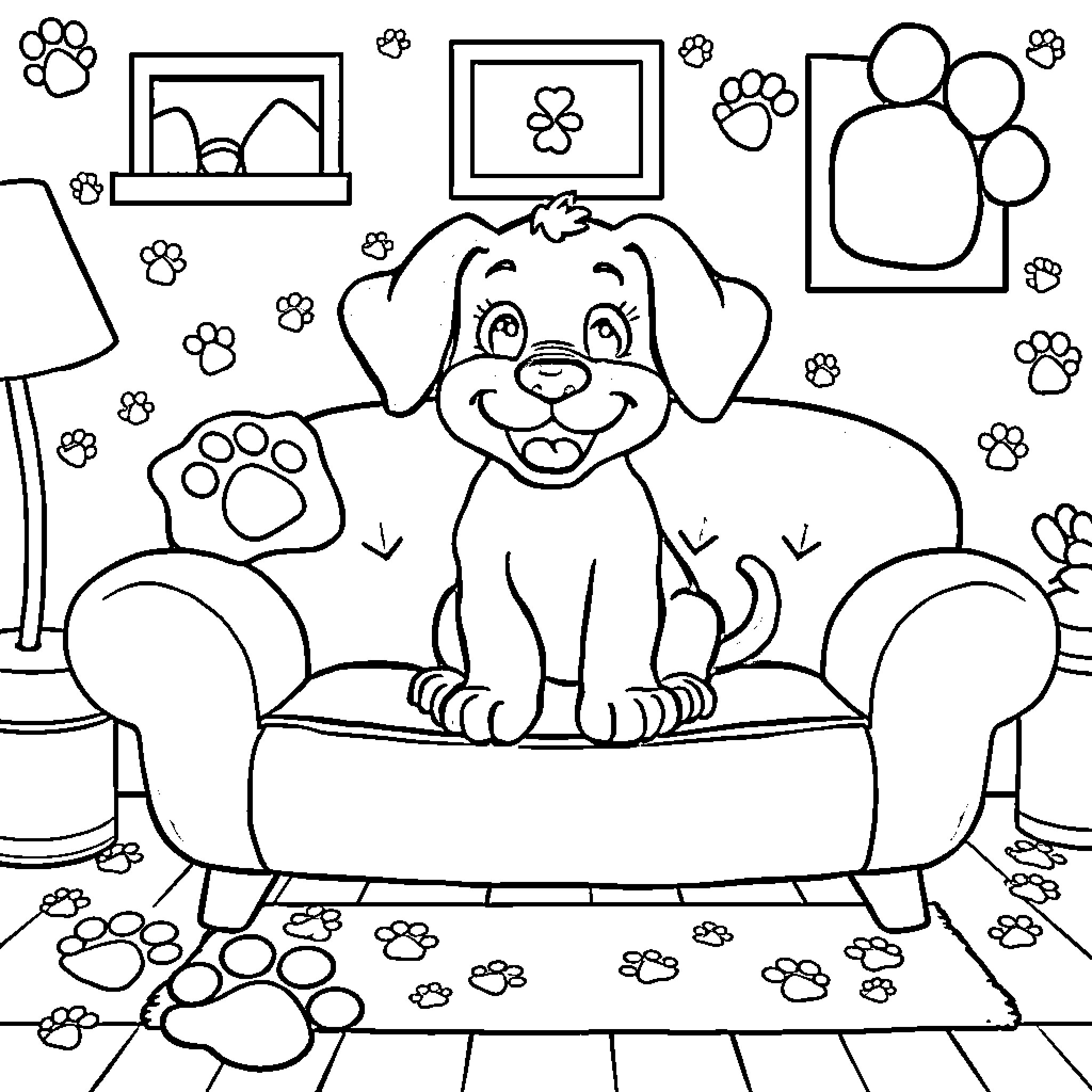 Blue Puppy Happily Resting on Couch Coloring Page (free black-and-white line drawing printable PDF for all, from beginners to advanced learners, including children, teens, adults, and seniors)