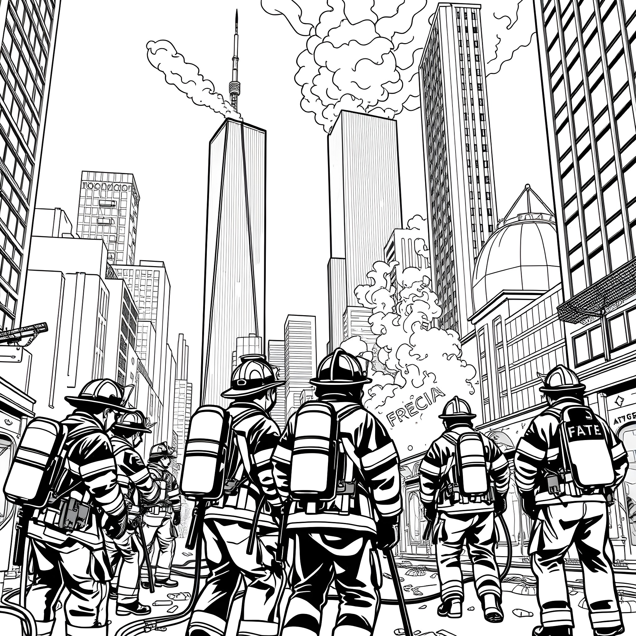 Firefighters Responding to Emergency in City Skyline Coloring Page (free black-and-white line drawing printable PDF for all, from beginners to advanced learners, including children, teens, adults, and seniors)