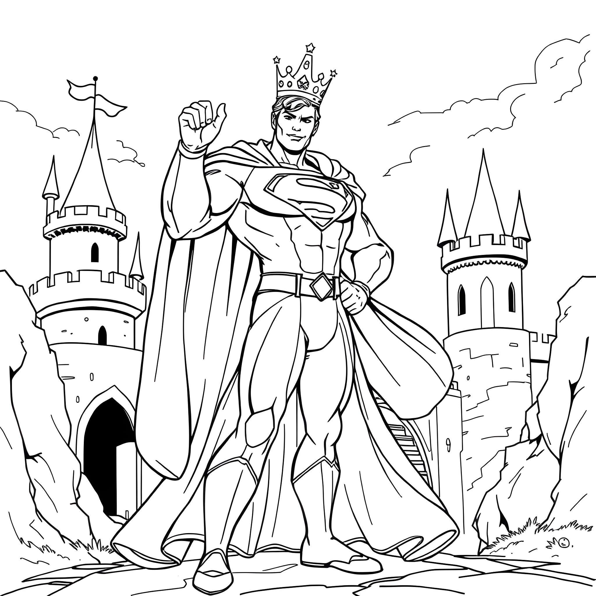Superman in regal pose before castle Coloring Page (free black-and-white line drawing printable PDF for all, from beginners to advanced learners, including children, teens, adults, and seniors)