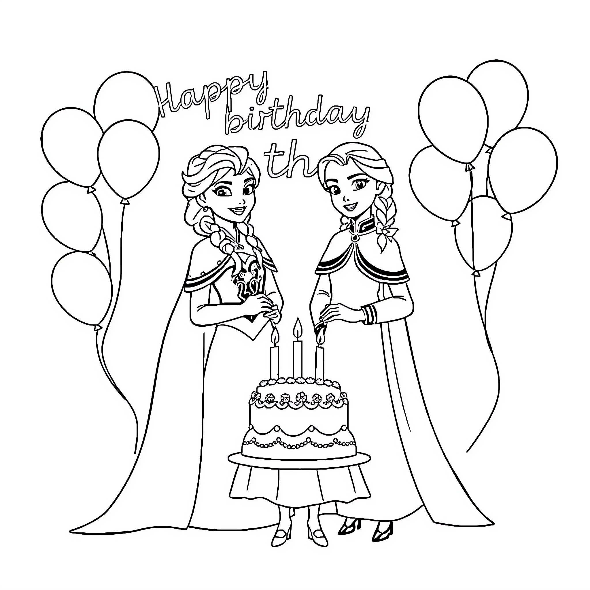 Elsa and Anna celebrating a birthday with cake and balloons Coloring Page (free black-and-white line drawing printable PDF for all, from beginners to advanced learners, including children, teens, adults, and seniors)