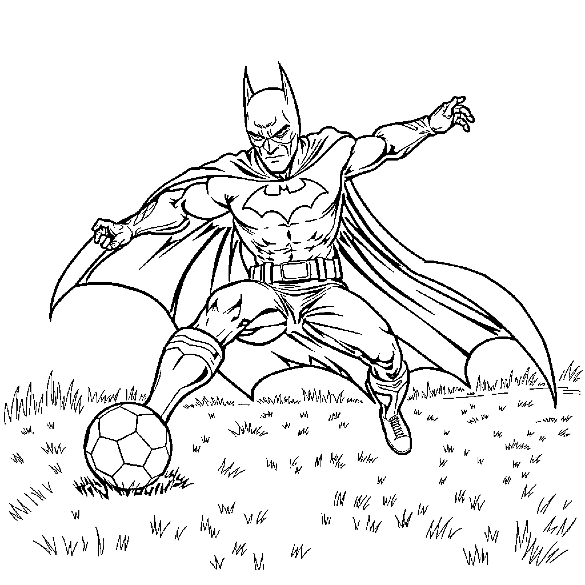 Batman kicking a soccer ball in the park Coloring Page (free black-and-white line drawing printable PDF for all, from beginners to advanced learners, including children, teens, adults, and seniors)
