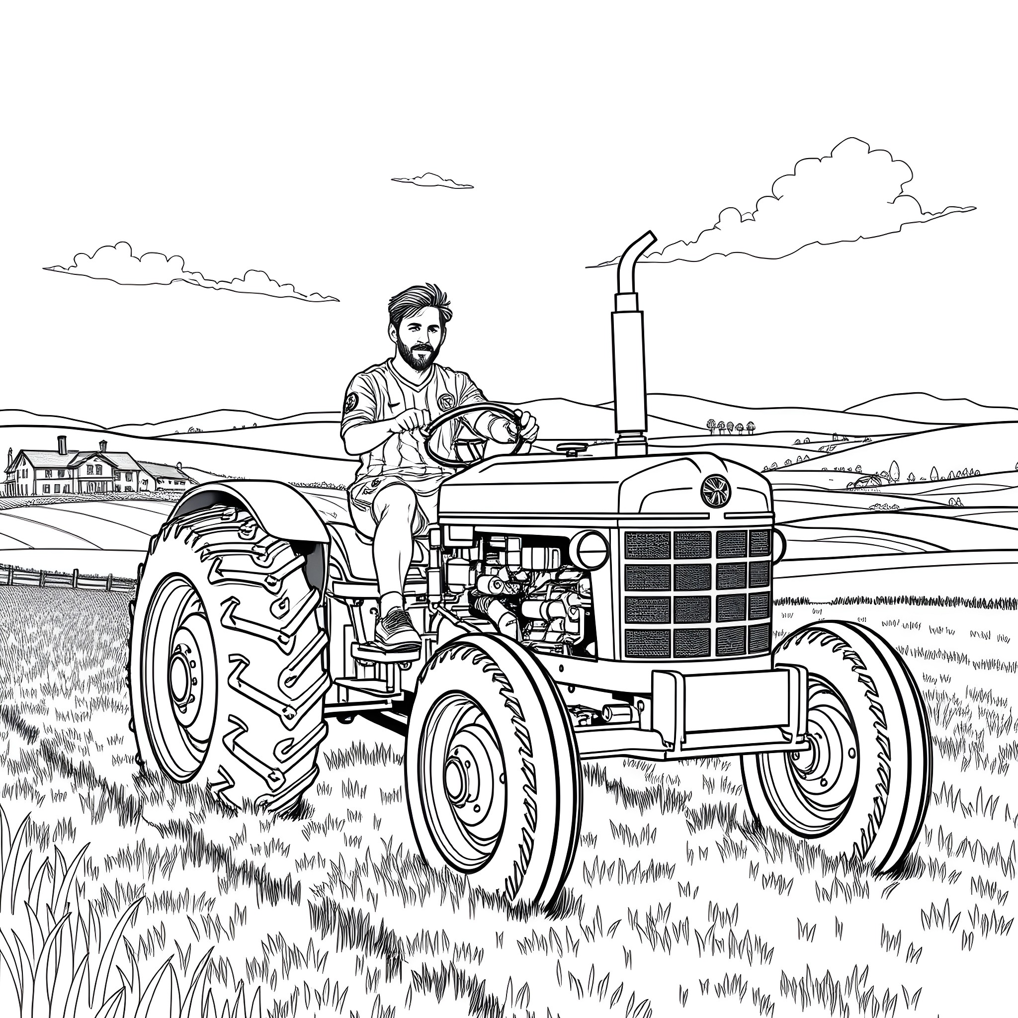 Messi riding a tractor in a rural landscape Coloring Page (free black-and-white line drawing printable PDF for all, from beginners to advanced learners, including children, teens, adults, and seniors)