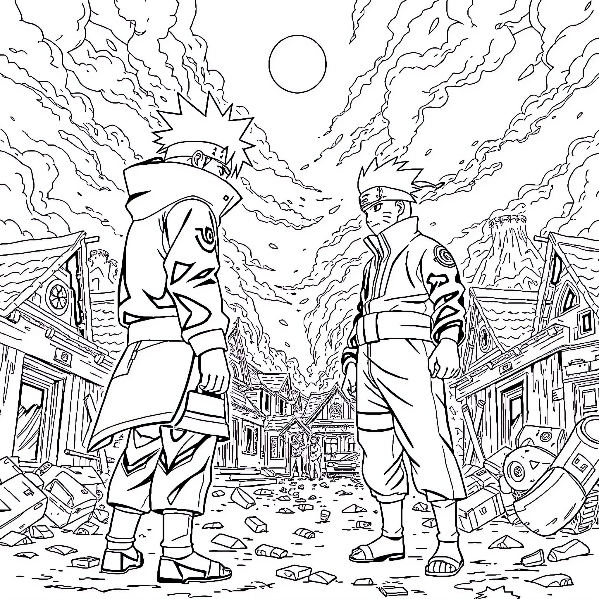 Naruto Shinobi Warriors Facing Perilous Landscape Coloring Page (free black-and-white line drawing printable PDF for all, from beginners to advanced learners, including children, teens, adults, and seniors)