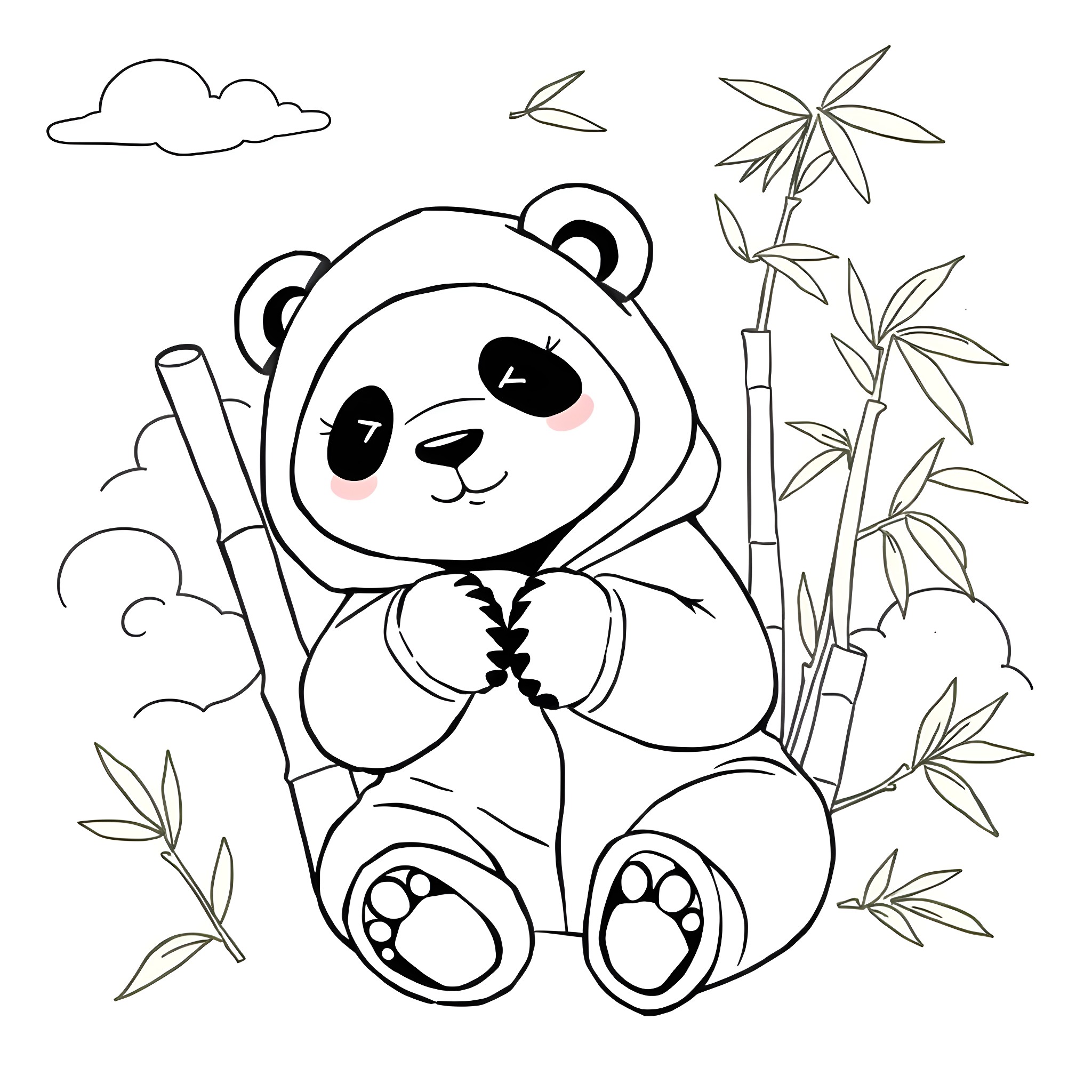 Panda in a bamboo forest enjoying nature Coloring Page (free black-and-white line drawing printable PDF for all, from beginners to advanced learners, including children, teens, adults, and seniors)