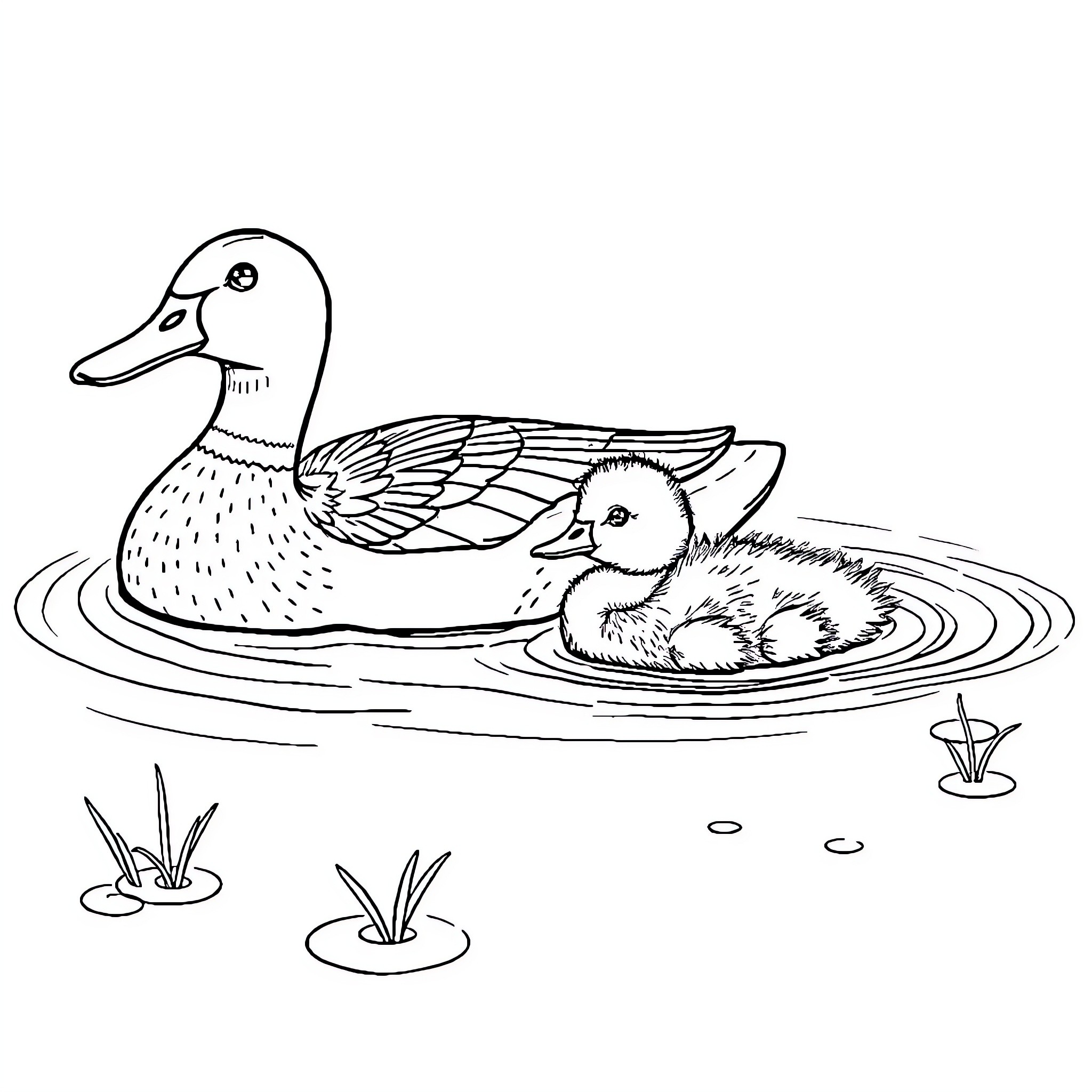 Duck and Duckling Swimming in Pond Coloring Page (free black-and-white line drawing printable PDF for all, from beginners to advanced learners, including children, teens, adults, and seniors)