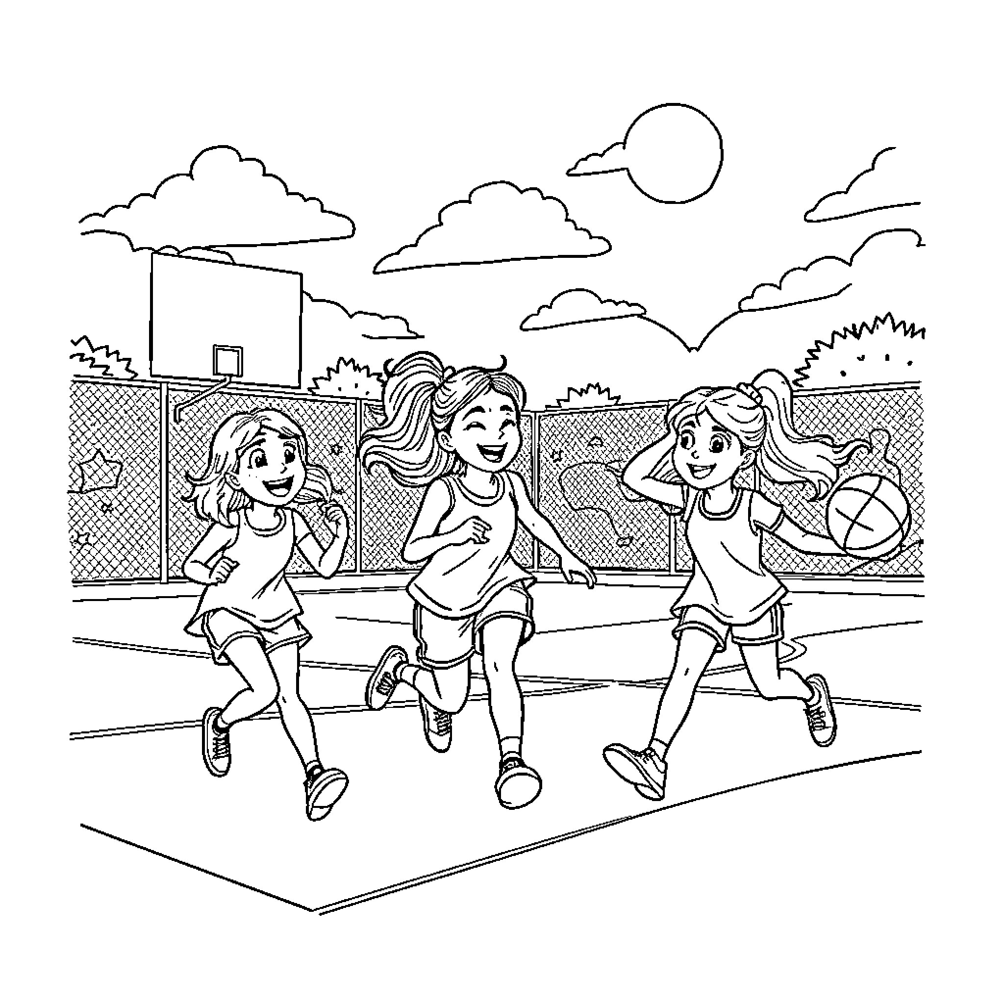 Netball players in action on the court Coloring Page (free black-and-white line drawing printable PDF for all, from beginners to advanced learners, including children, teens, adults, and seniors)
