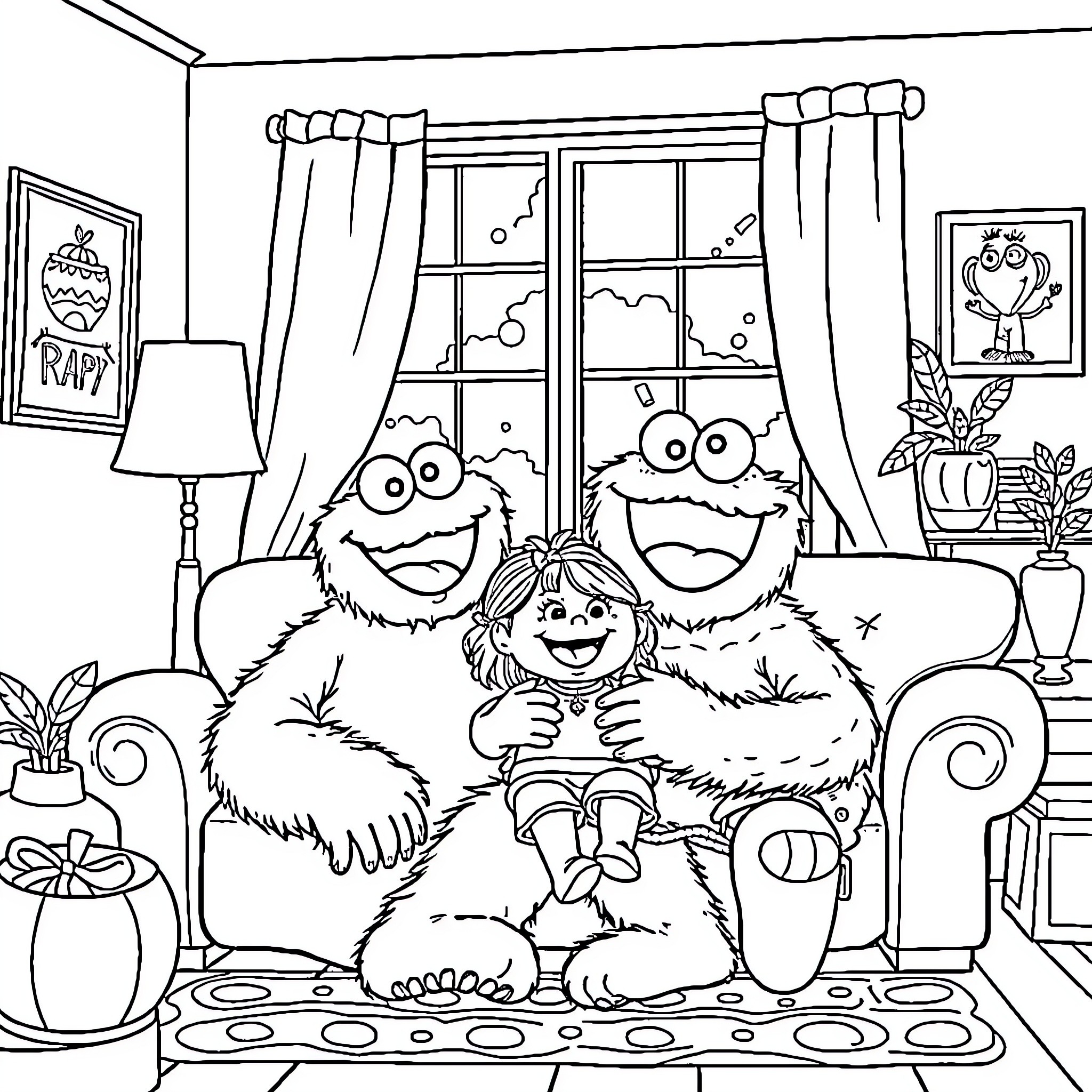 Cookie Monster and Friends Having a Cozy Moment Coloring Page (free black-and-white line drawing printable PDF for all, from beginners to advanced learners, including children, teens, adults, and seniors)
