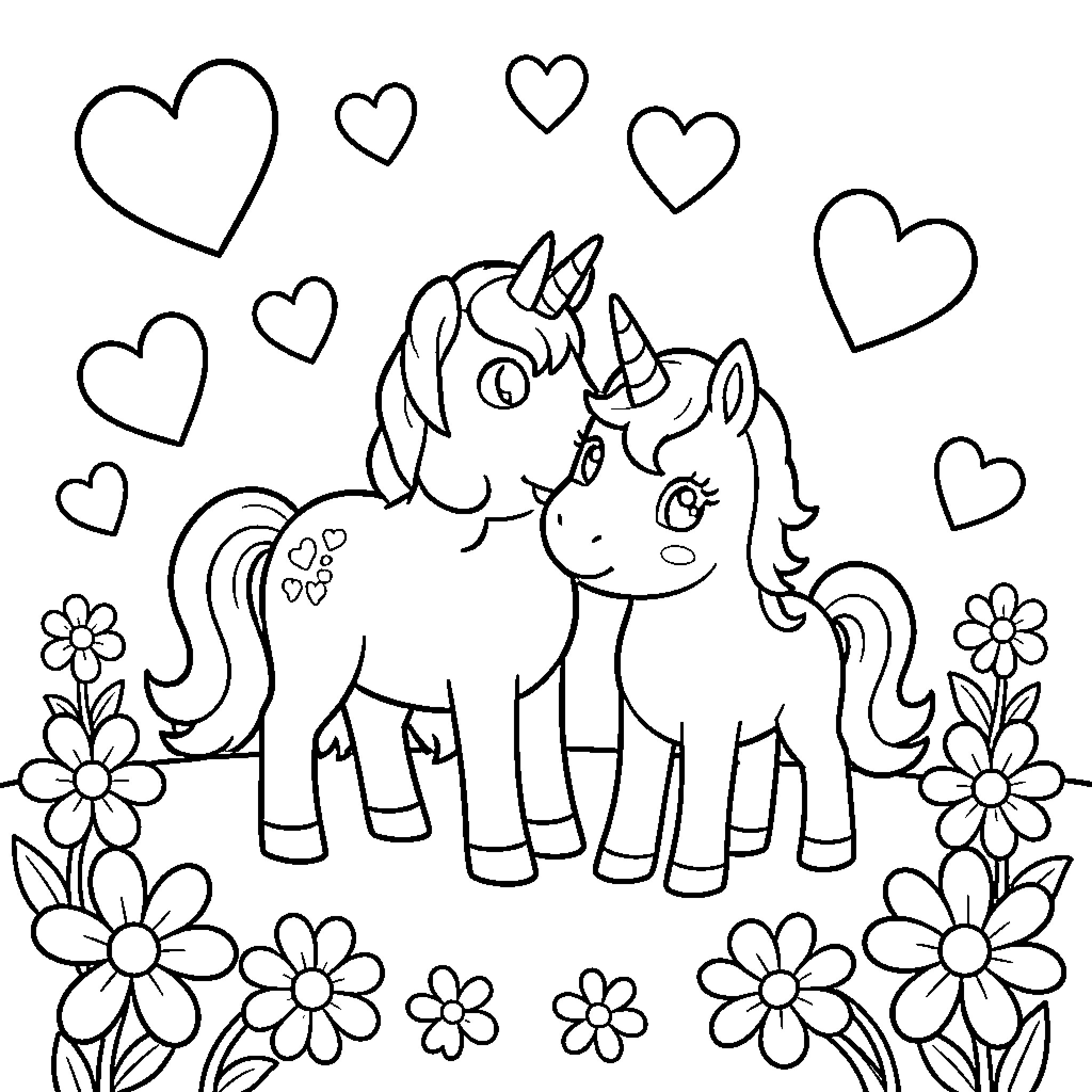 Bluey Unicorns Playing in a Flower Field Coloring Page (free black-and-white line drawing printable PDF for all, from beginners to advanced learners, including children, teens, adults, and seniors)