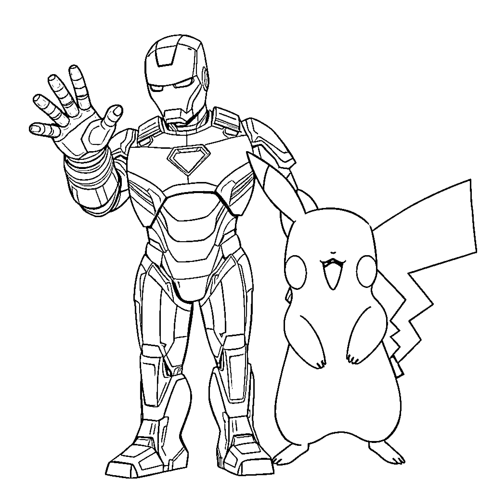 Ironman encountering a curious Pokémon Coloring Page (free black-and-white line drawing printable PDF for all, from beginners to advanced learners, including children, teens, adults, and seniors)