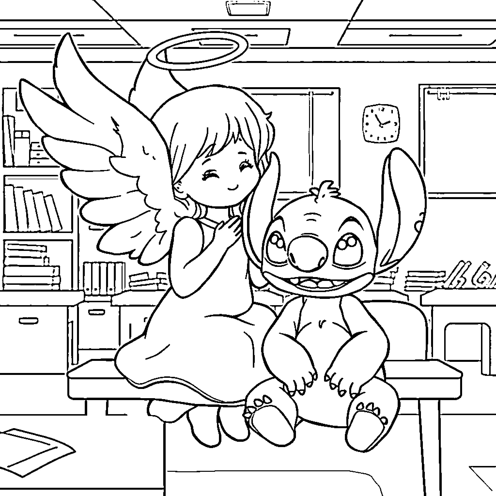 Angel helping adorable creature in study room Coloring Page (free black-and-white line drawing printable PDF for all, from beginners to advanced learners, including children, teens, adults, and seniors)