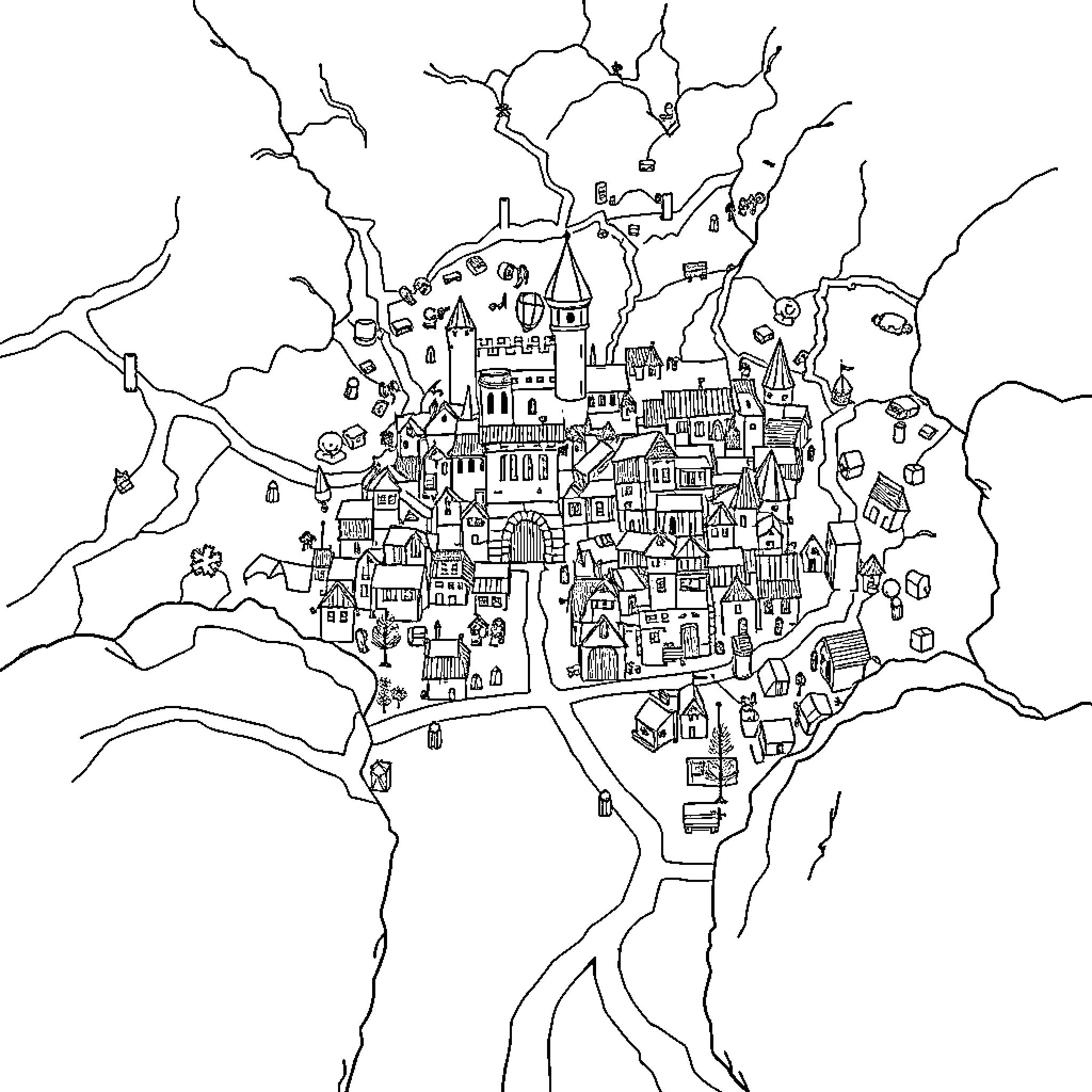 Map of a Detailed Whimsical Town Coloring Page (free black-and-white line drawing printable PDF for all, from beginners to advanced learners, including children, teens, adults, and seniors)