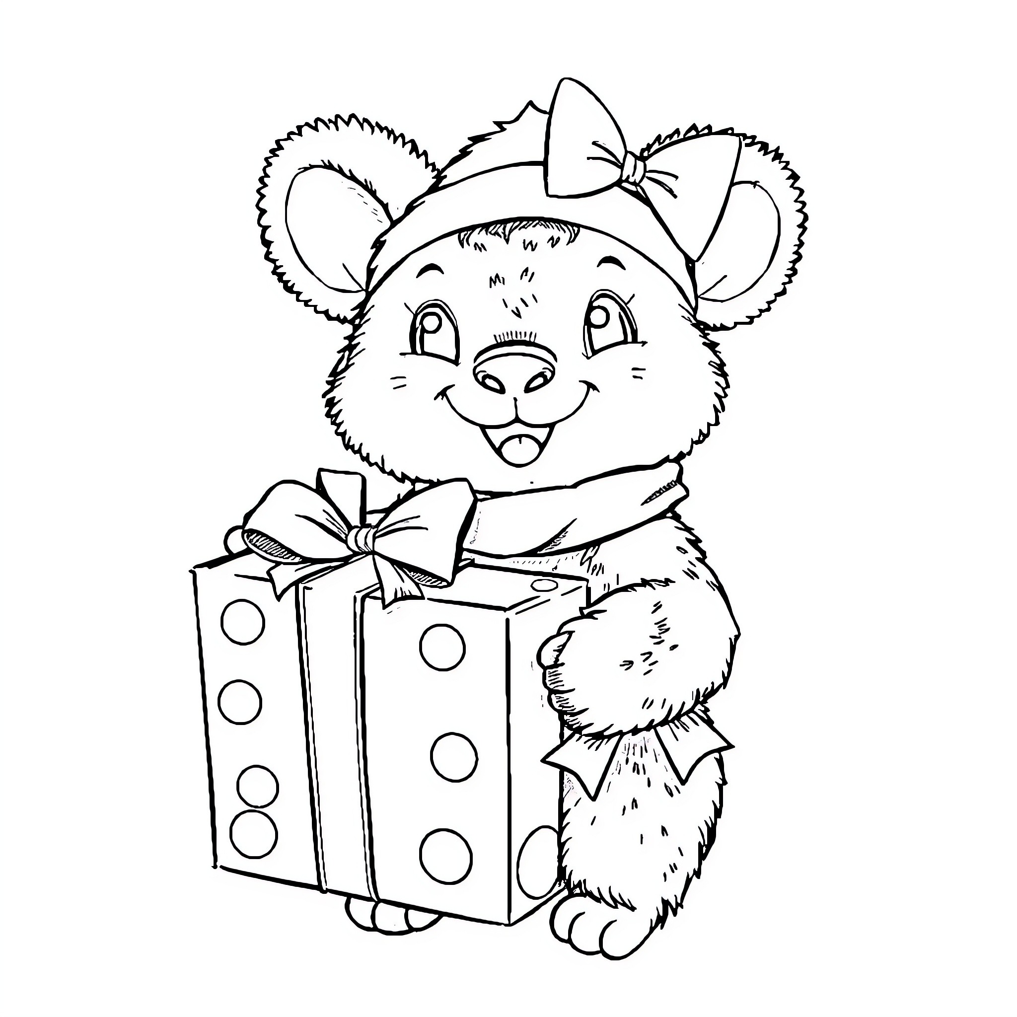 Labubu the Joyful Mouse with a Gift Coloring Page (free black-and-white line drawing printable PDF for all, from beginners to advanced learners, including children, teens, adults, and seniors)