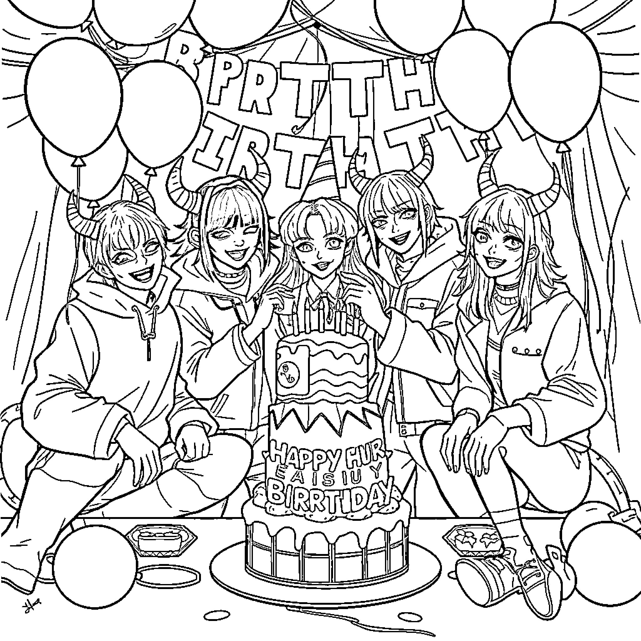 Demon Hunter Friends Celebrate Birthday Party Coloring Page (free black-and-white line drawing printable PDF for all, from beginners to advanced learners, including children, teens, adults, and seniors)