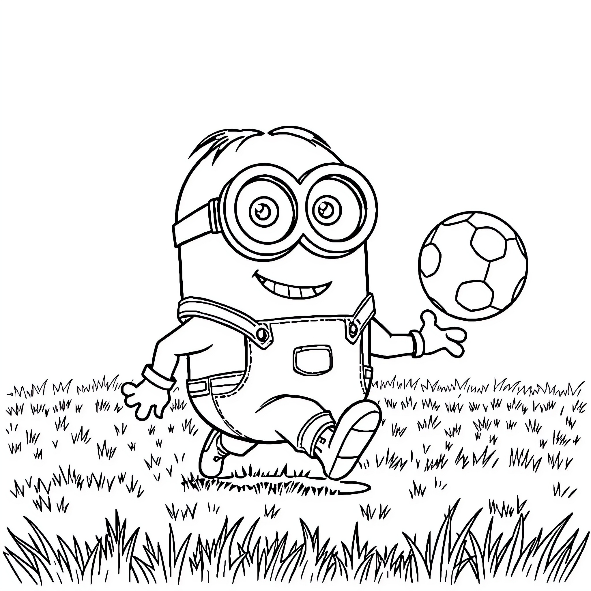 Minion playing with soccer ball in the park Coloring Page (free black-and-white line drawing printable PDF for all, from beginners to advanced learners, including children, teens, adults, and seniors)