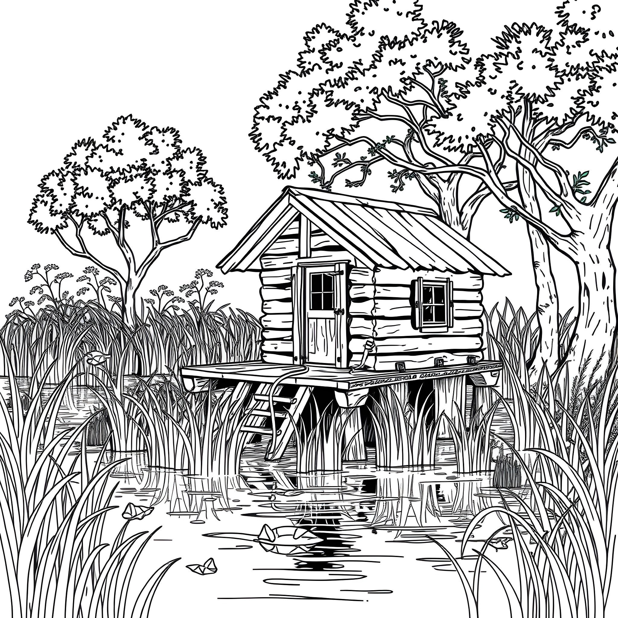 Shanty in the serene woodland scene Coloring Page (free black-and-white line drawing printable PDF for all, from beginners to advanced learners, including children, teens, adults, and seniors)