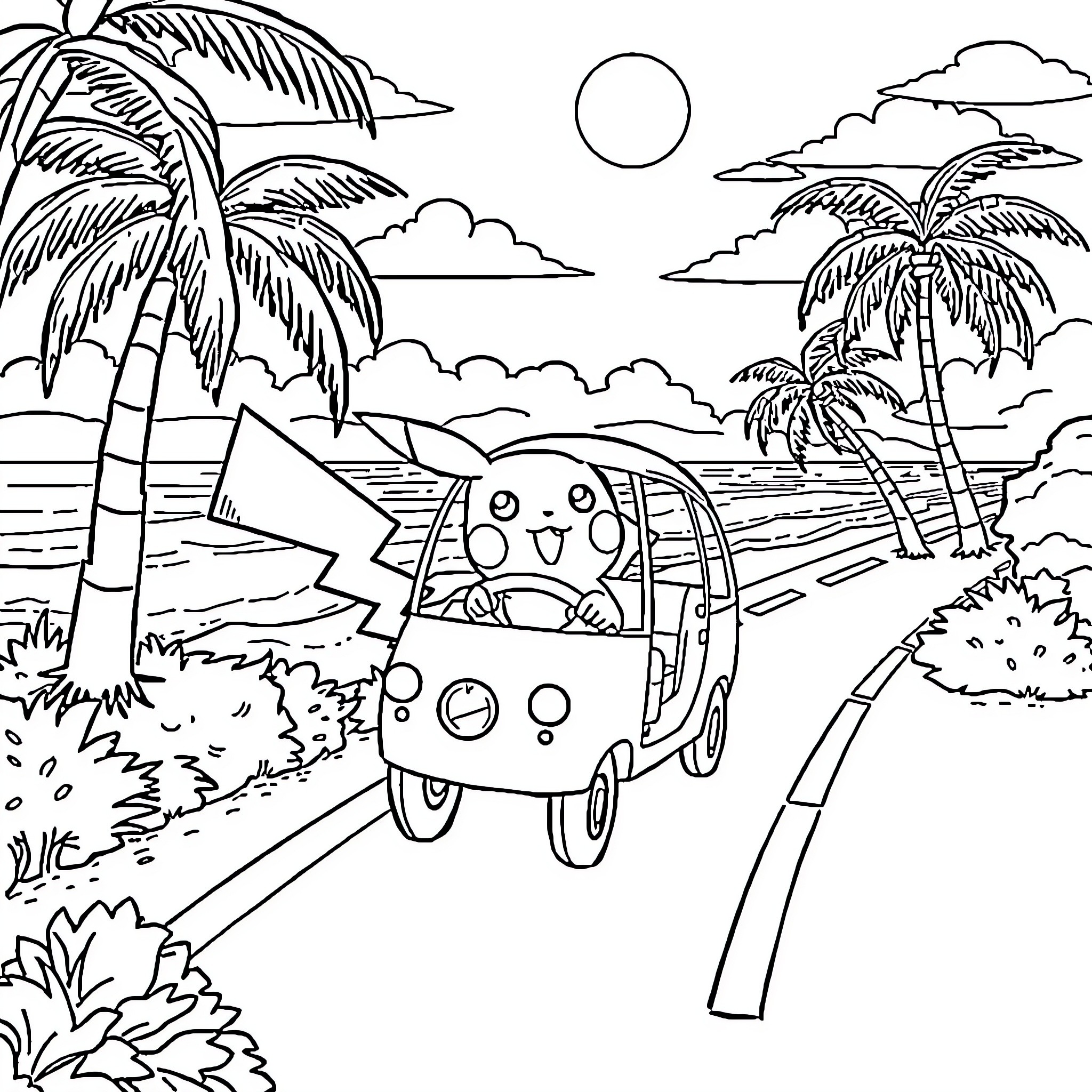 Pikachu driving a vehicle on a tropical beach Coloring Page (free black-and-white line drawing printable PDF for all, from beginners to advanced learners, including children, teens, adults, and seniors)