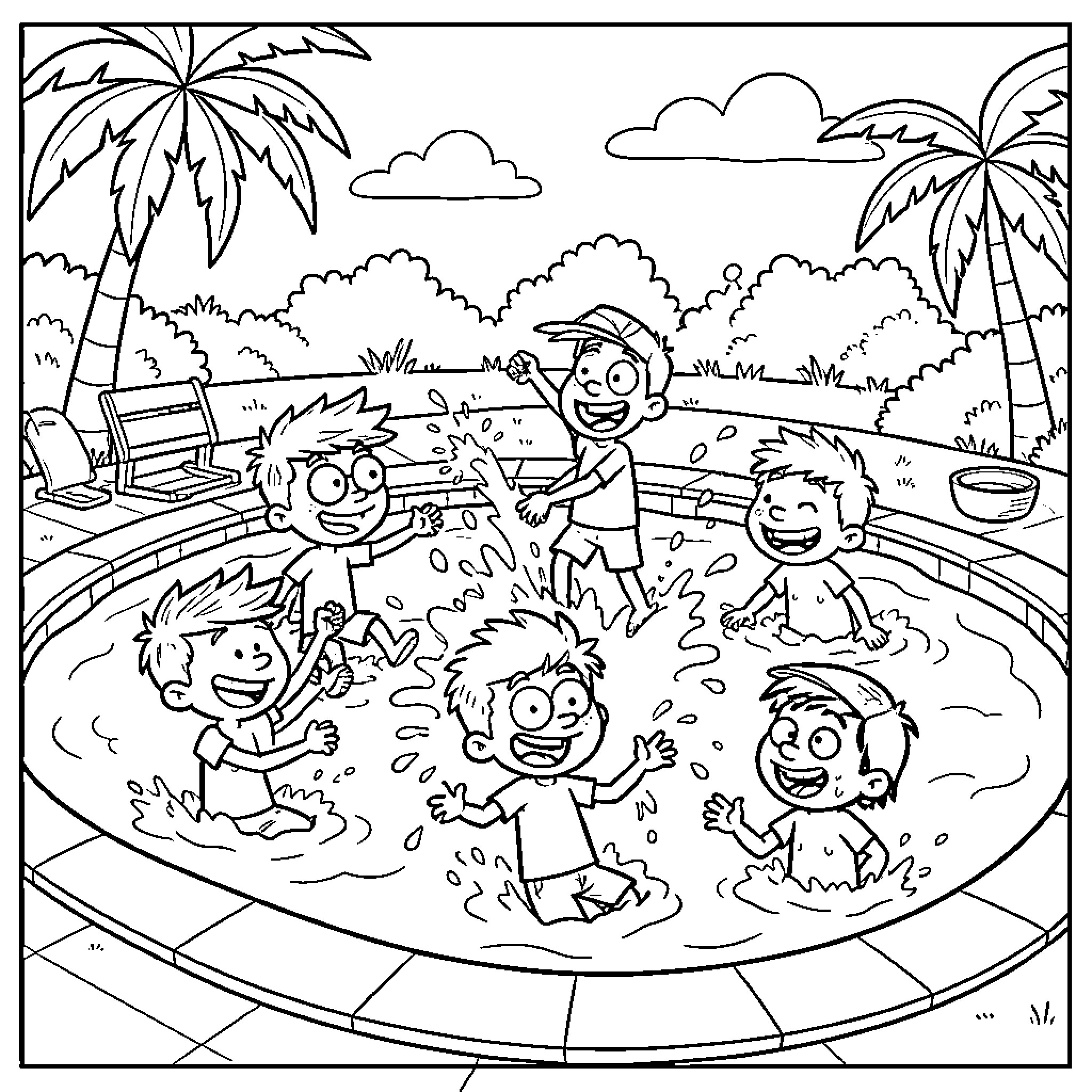 Wimpy Kid characters splashing and playing in a pool Coloring Page (free black-and-white line drawing printable PDF for all, from beginners to advanced learners, including children, teens, adults, and seniors)
