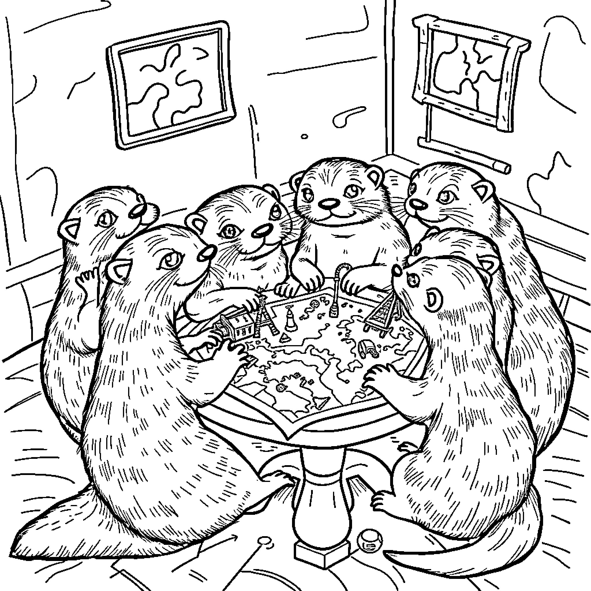 Otters studying a map in their home Coloring Page (free black-and-white line drawing printable PDF for all, from beginners to advanced learners, including children, teens, adults, and seniors)