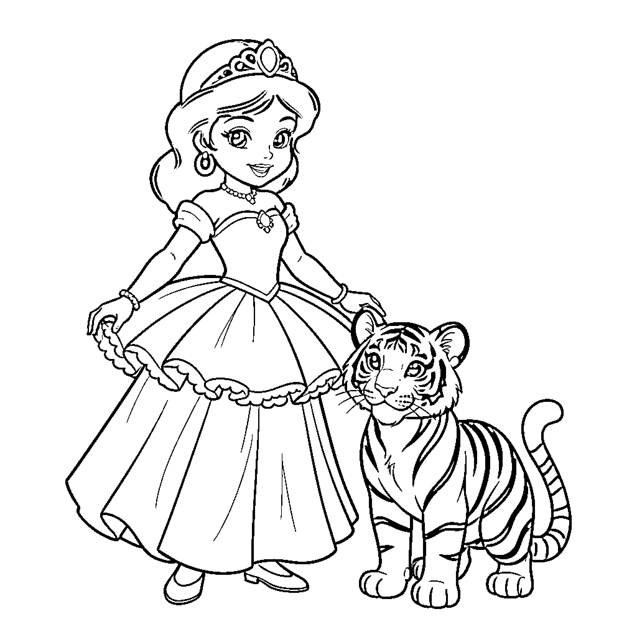 Princess Jasmine standing gracefully with a friendly tiger Coloring Page (free black-and-white line drawing printable PDF for all, from beginners to advanced learners, including children, teens, adults, and seniors)