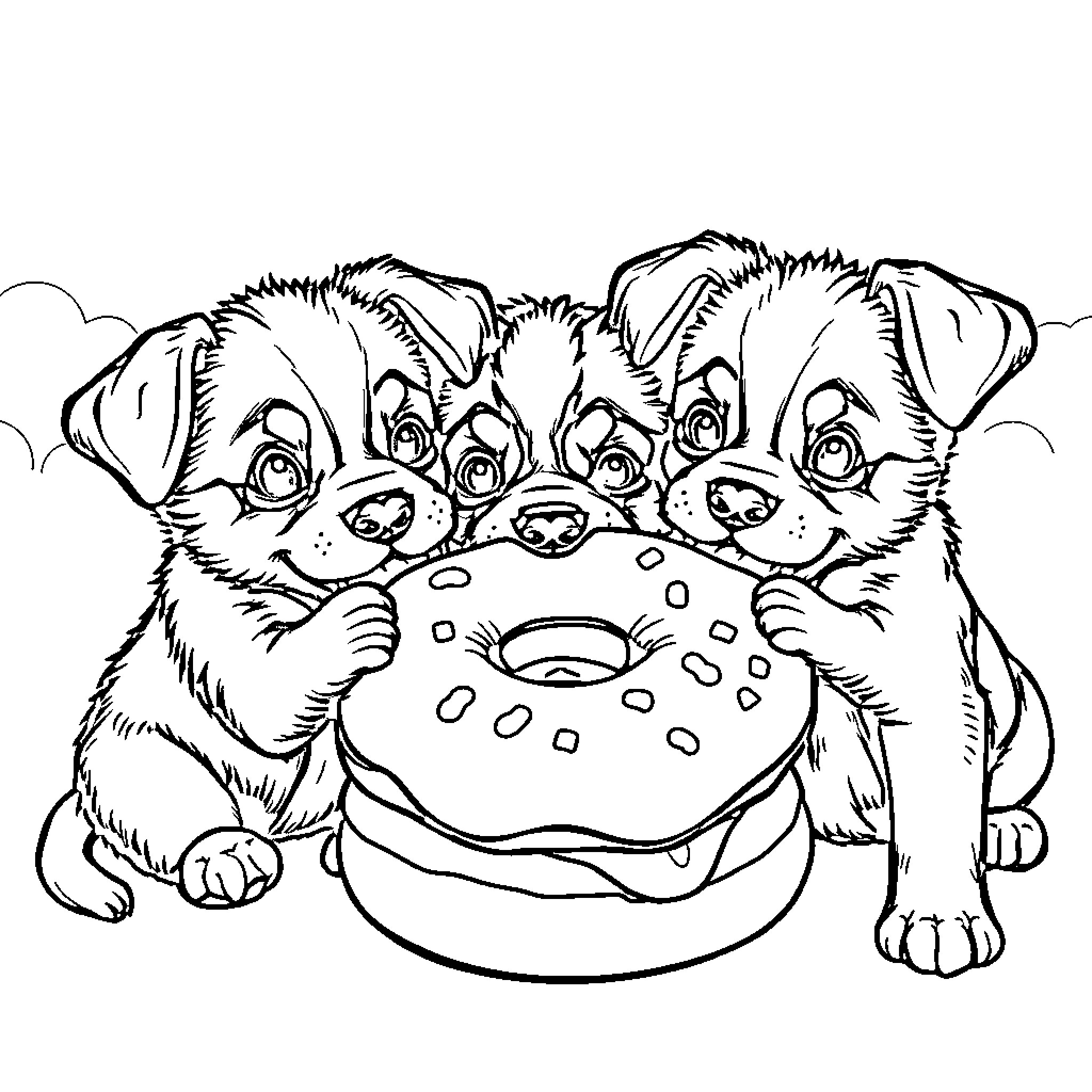 Puppies sharing a donut together Coloring Page (free black-and-white line drawing printable PDF for all, from beginners to advanced learners, including children, teens, adults, and seniors)