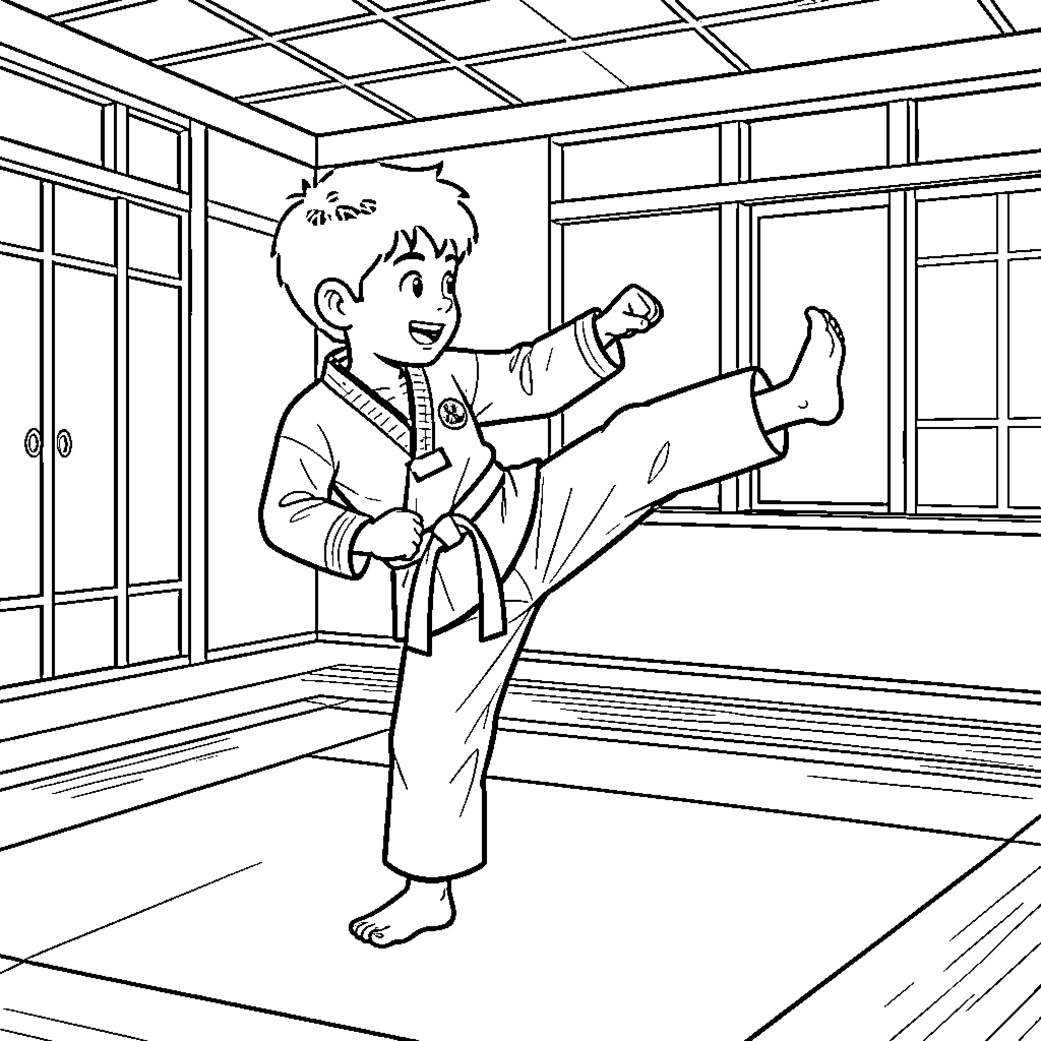 Niño practicing martial arts in a dojo Coloring Page (free black-and-white line drawing printable PDF for all, from beginners to advanced learners, including children, teens, adults, and seniors)