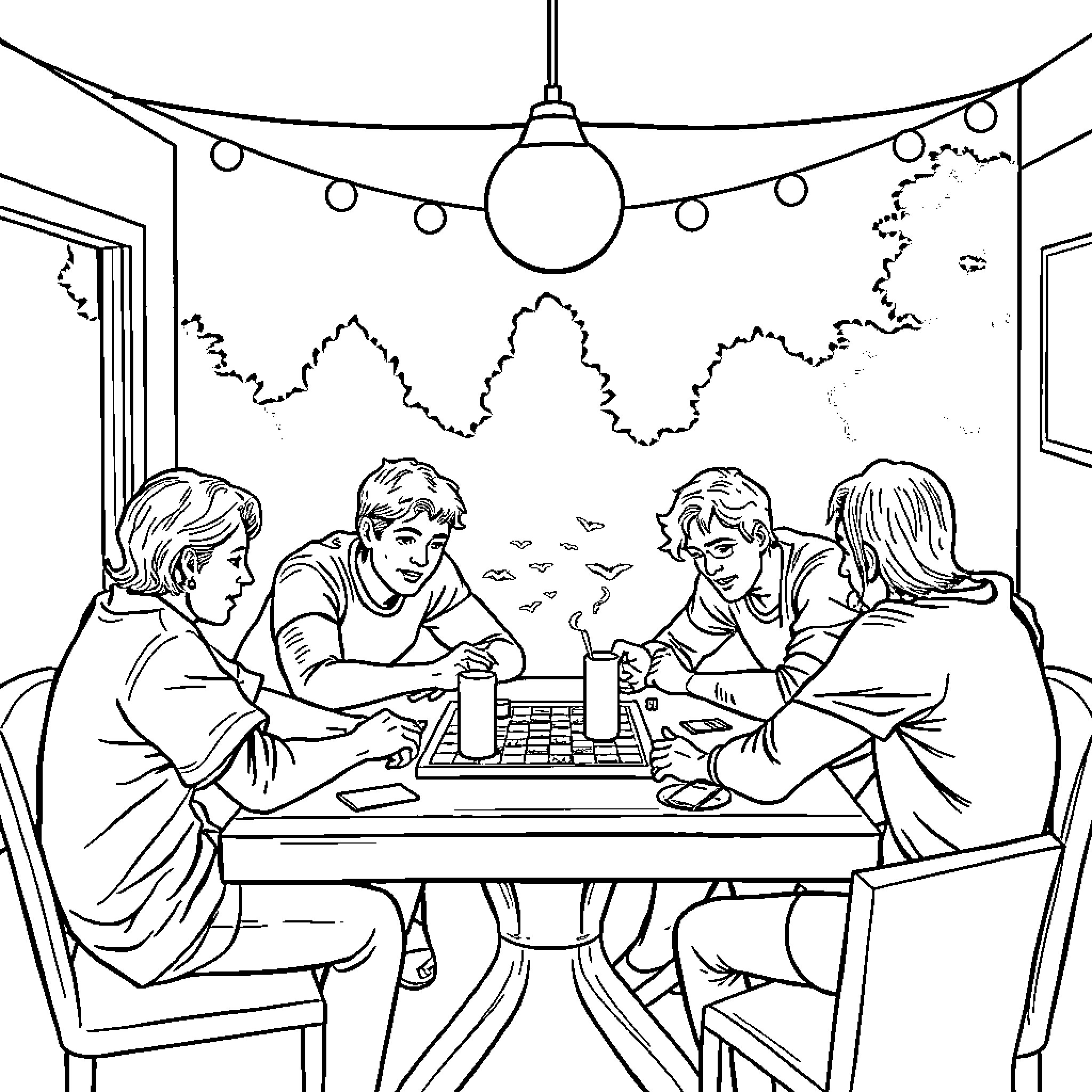 Dude friends gaming together in cozy room Coloring Page (free black-and-white line drawing printable PDF for all, from beginners to advanced learners, including children, teens, adults, and seniors)