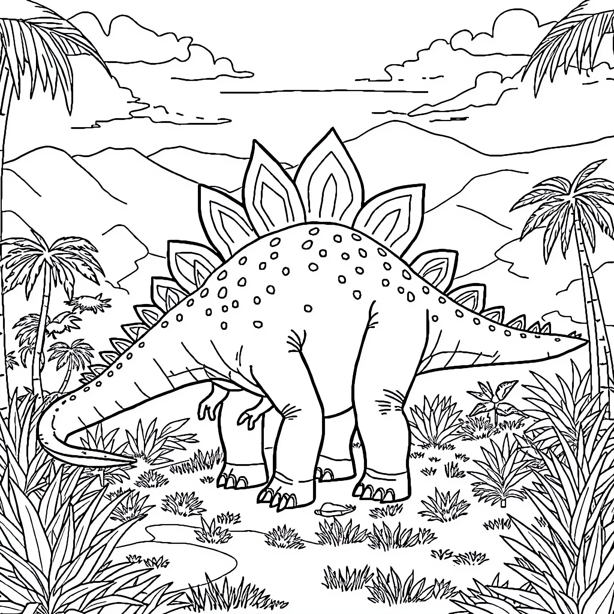 Stegosaurus exploring the prehistoric landscape Coloring Page (free black-and-white line drawing printable PDF for all, from beginners to advanced learners, including children, teens, adults, and seniors)