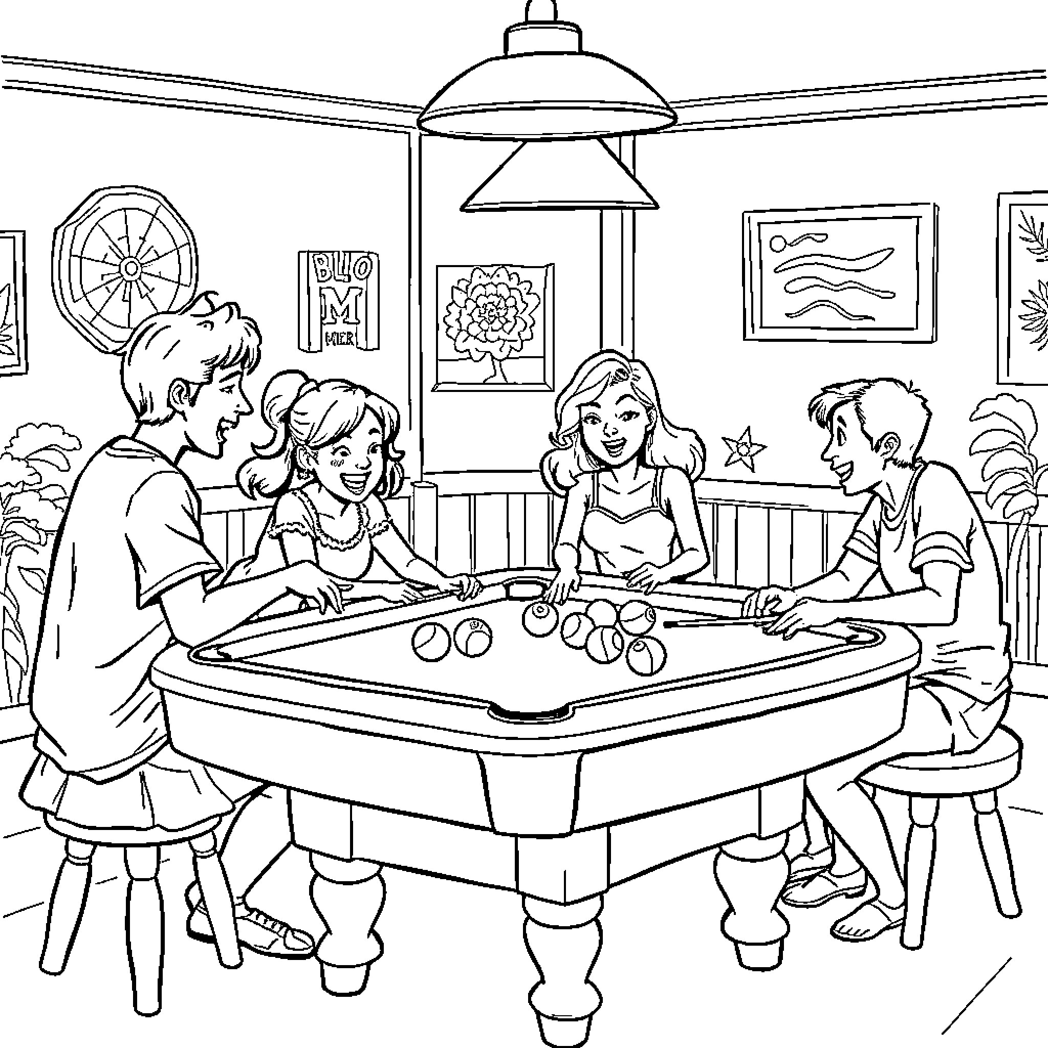 Bluey's Family Enjoying a Game Night Coloring Page (free black-and-white line drawing printable PDF for all, from beginners to advanced learners, including children, teens, adults, and seniors)