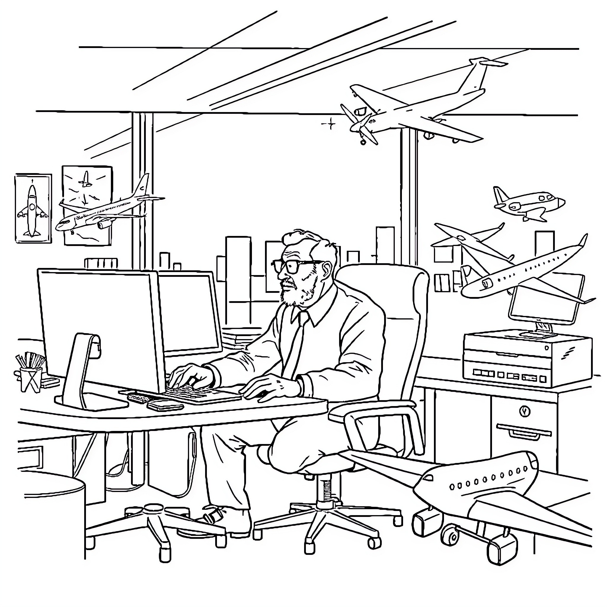 Papa's Busy Workspace with Airplanes Coloring Page (free black-and-white line drawing printable PDF for all, from beginners to advanced learners, including children, teens, adults, and seniors)