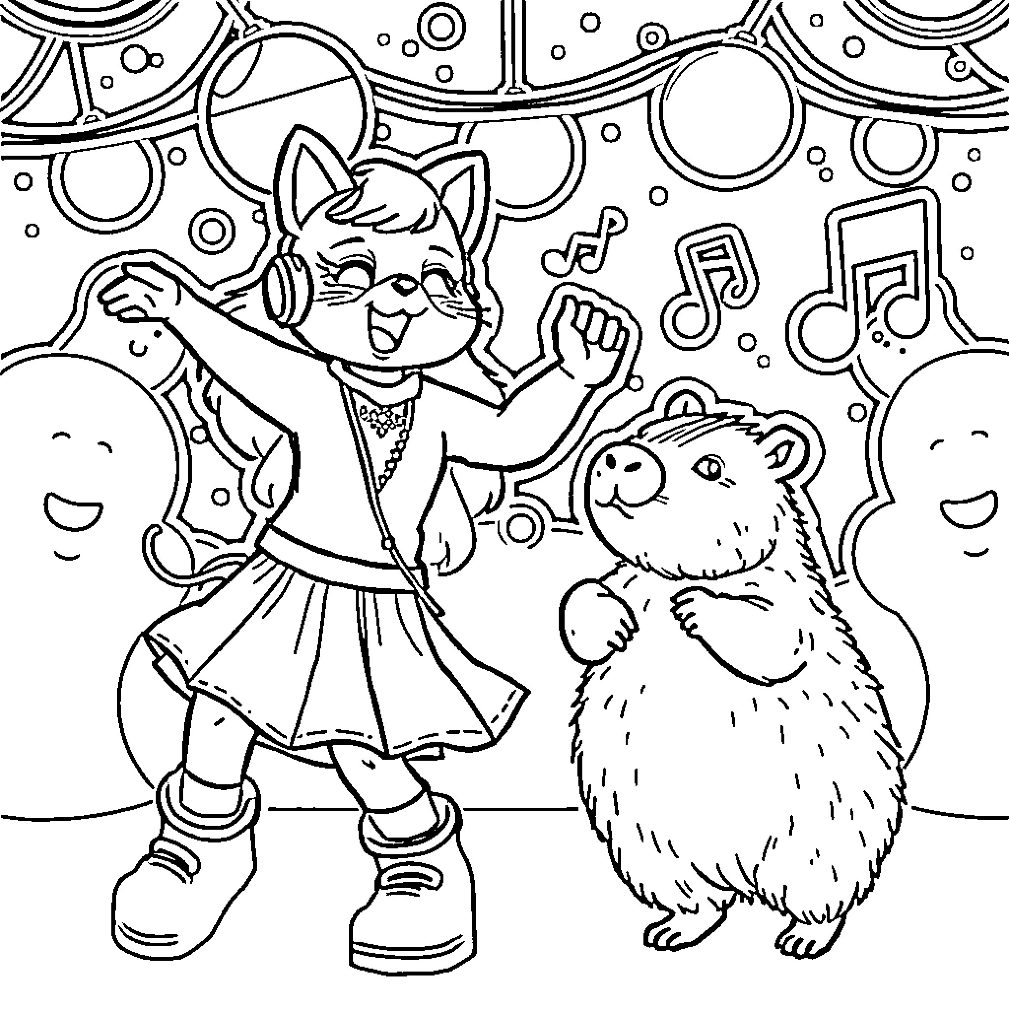 Rumi's Joyful Dance with Furry Companion Coloring Page (free black-and-white line drawing printable PDF for all, from beginners to advanced learners, including children, teens, adults, and seniors)