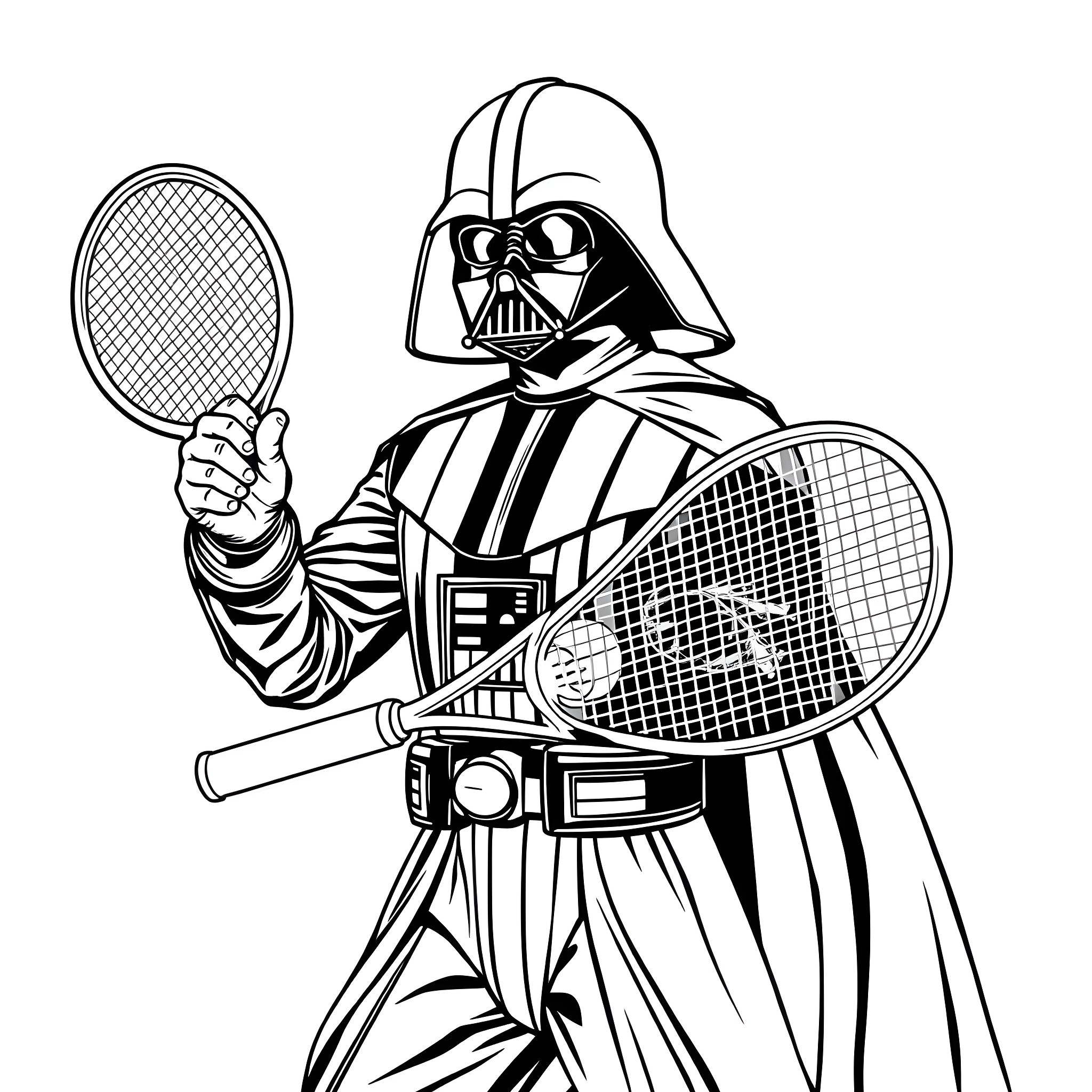 Darth Vader playing tennis with lightsabers Coloring Page (free black-and-white line drawing printable PDF for all, from beginners to advanced learners, including children, teens, adults, and seniors)