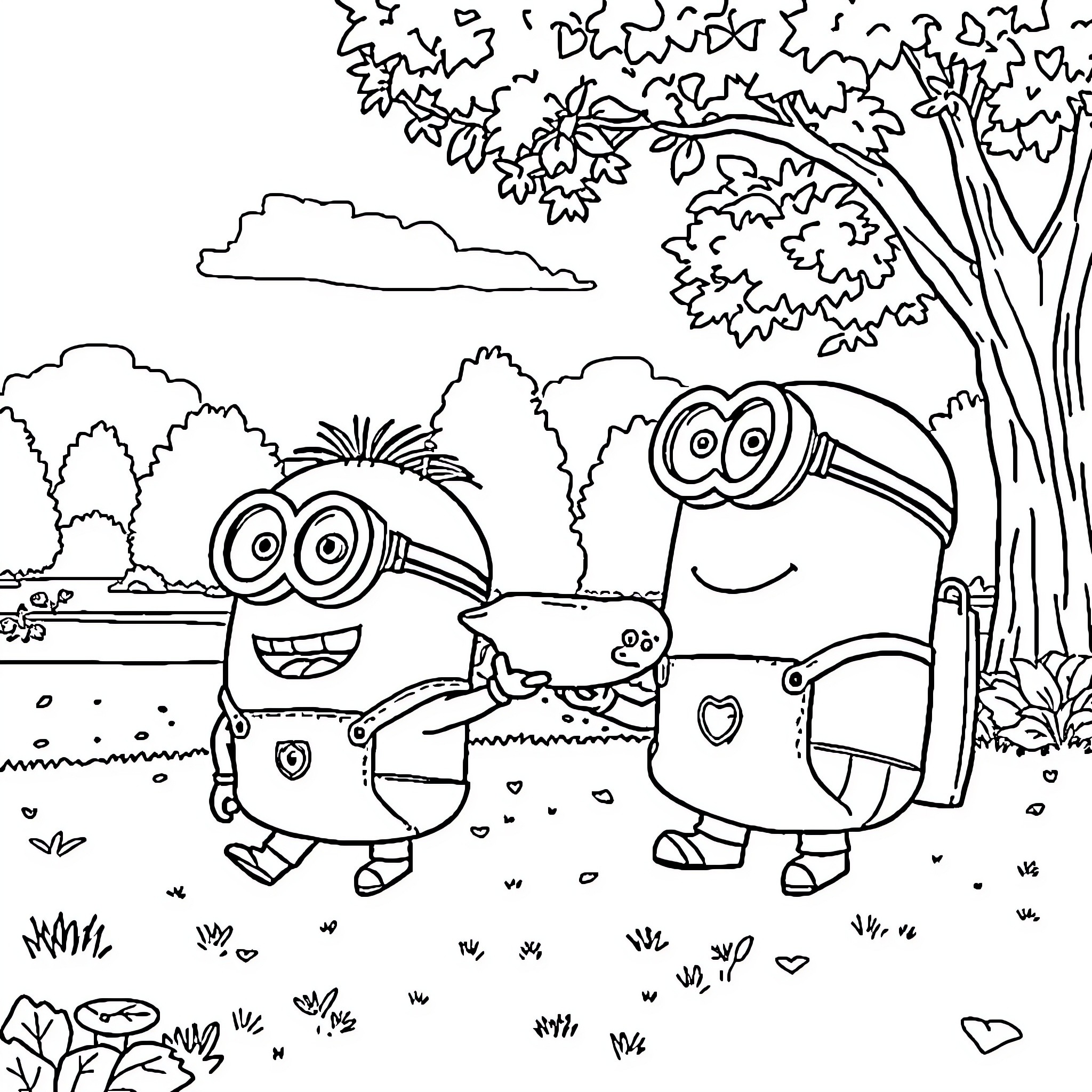 Minions exploring the outdoor landscape Coloring Page (free black-and-white line drawing printable PDF for all, from beginners to advanced learners, including children, teens, adults, and seniors)