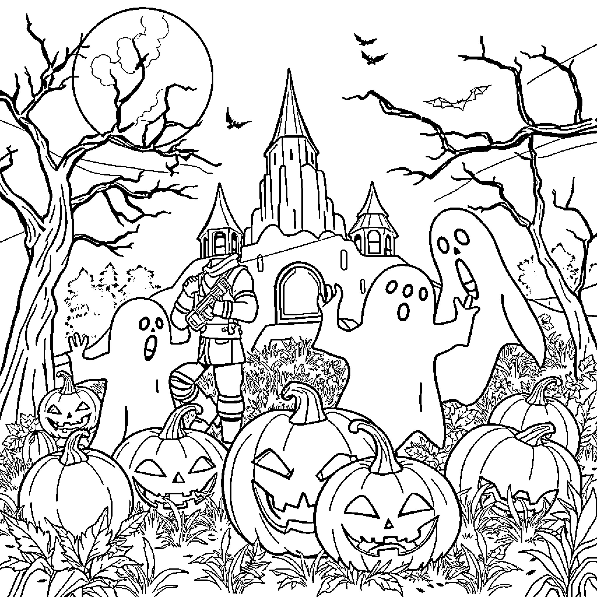 Fortnite Halloween-themed Spooky Scene Coloring Page (free black-and-white line drawing printable PDF for all, from beginners to advanced learners, including children, teens, adults, and seniors)